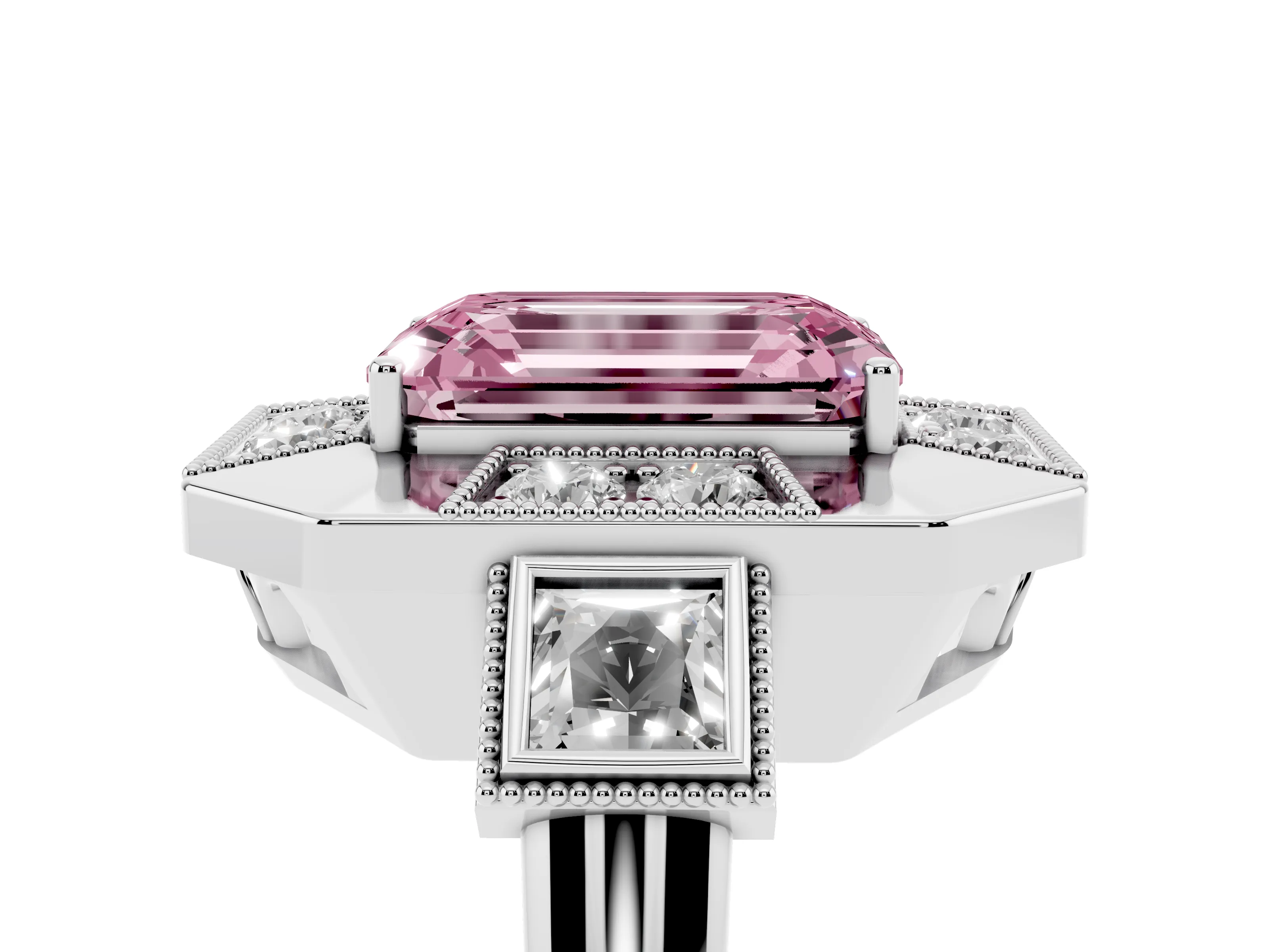 Fancy Pink Emerald Cut Diamond Milgrain Halo Ring Set in Silver with Split Shank