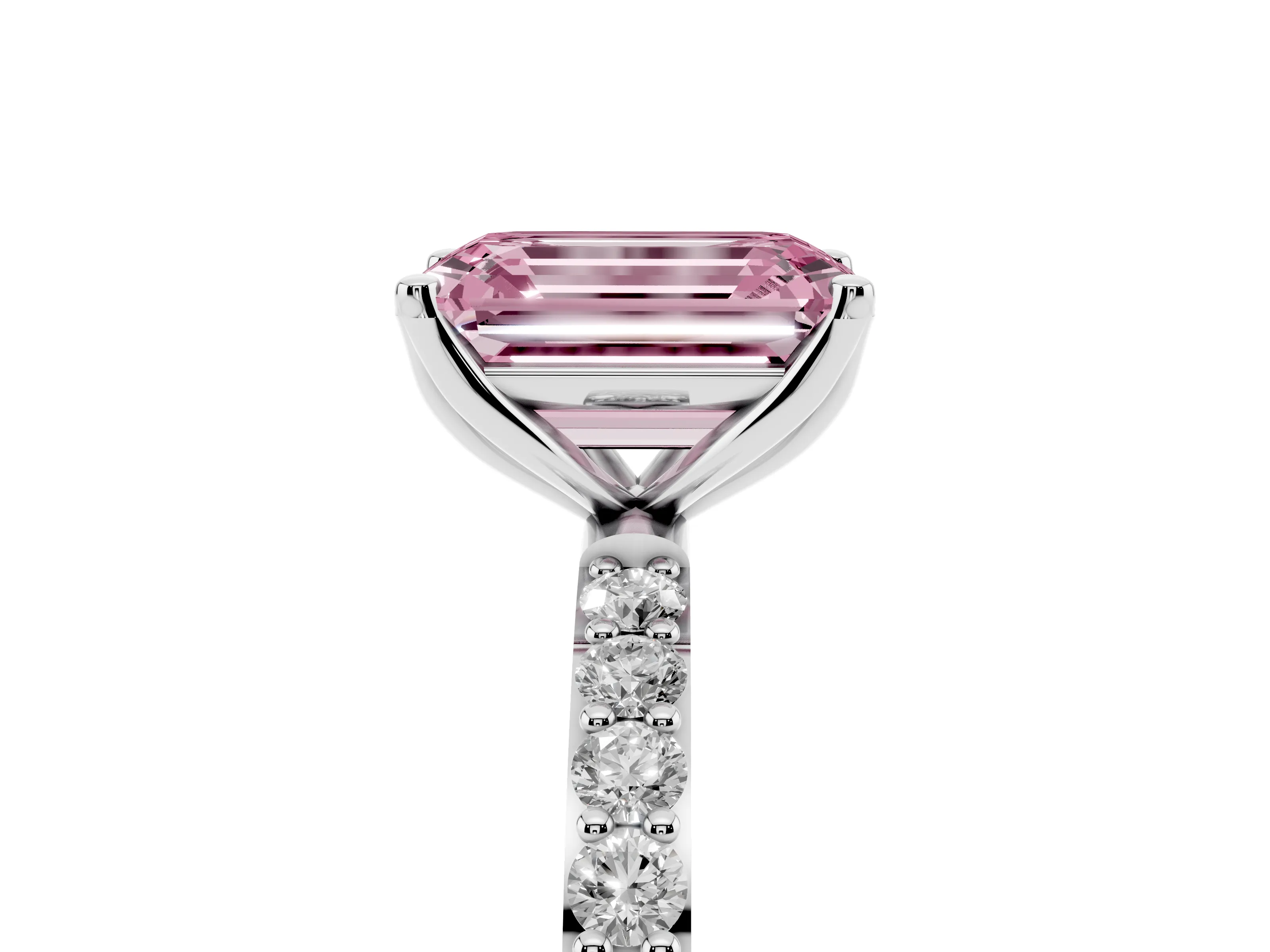 Fancy Pink Emerald Cut Diamond Solitaire Engagement Ring Set in Platinum with Round Pavé Band and Prong Setting