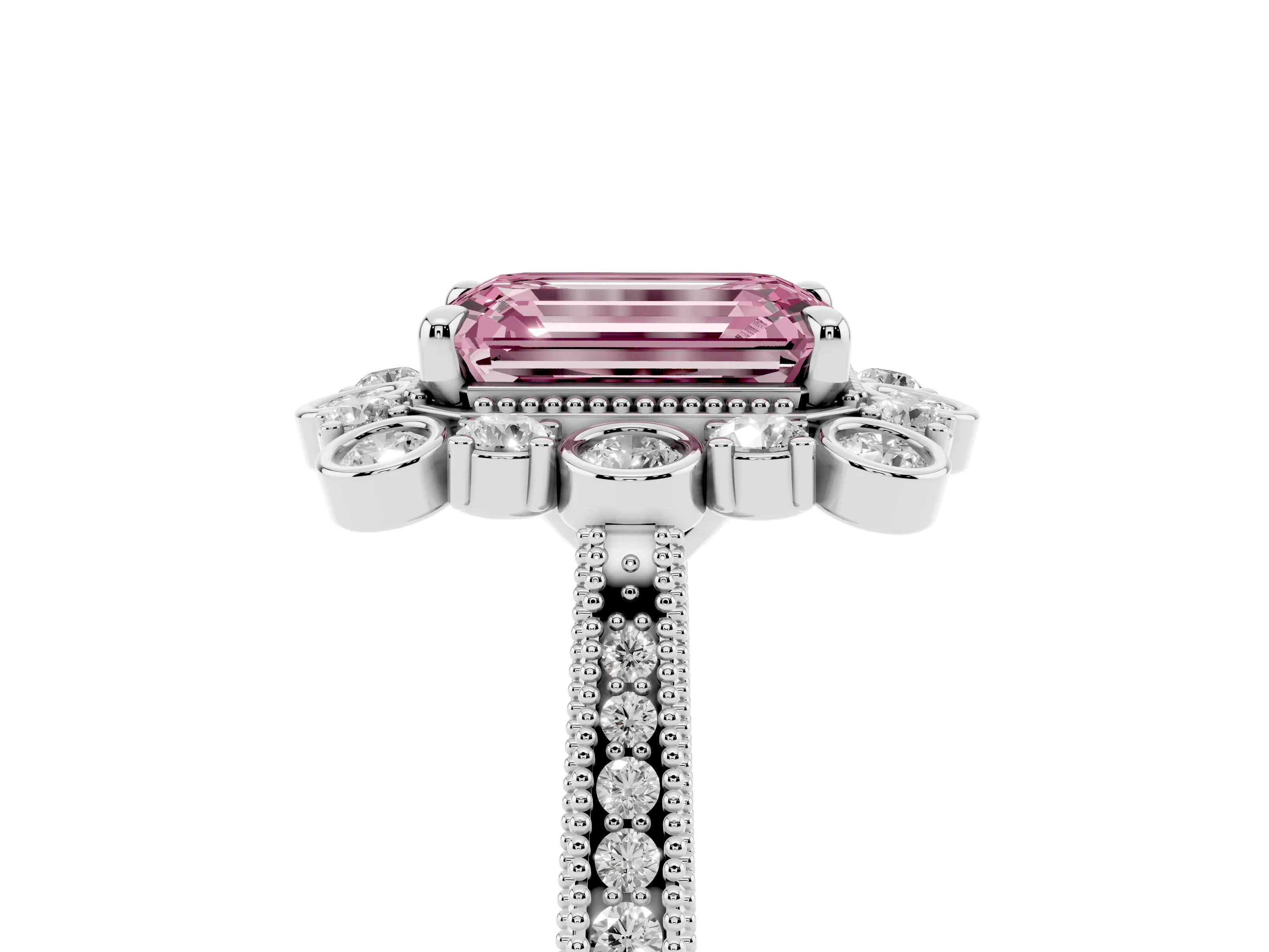 Fancy Pink Emerald Cut Diamond Halo Milgrain Pavé Ring Set in White gold with Prong Setting