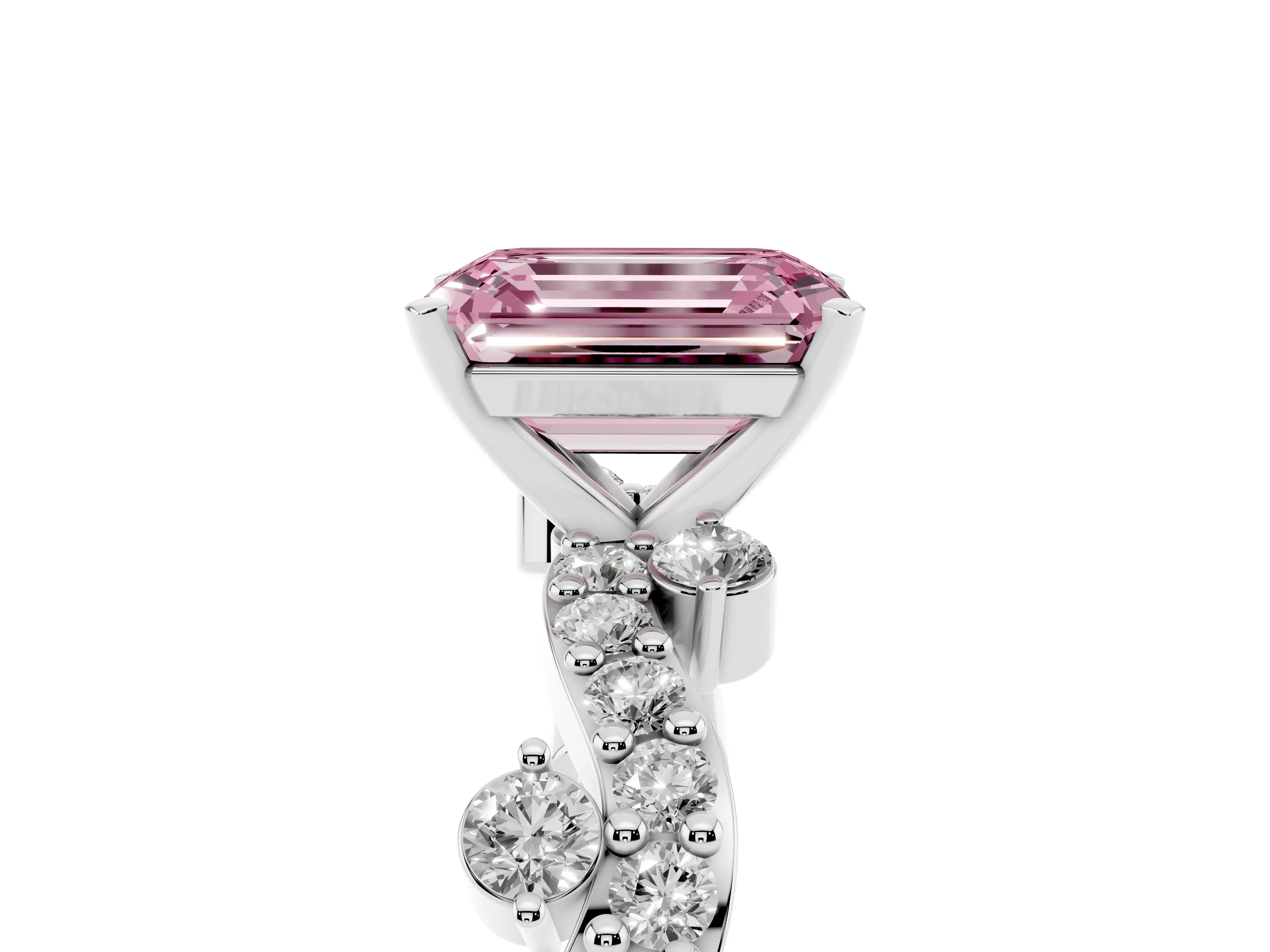 Fancy Pink Emerald Cut Diamond Solitaire Twisted Band Set in Silver with Pavé Setting