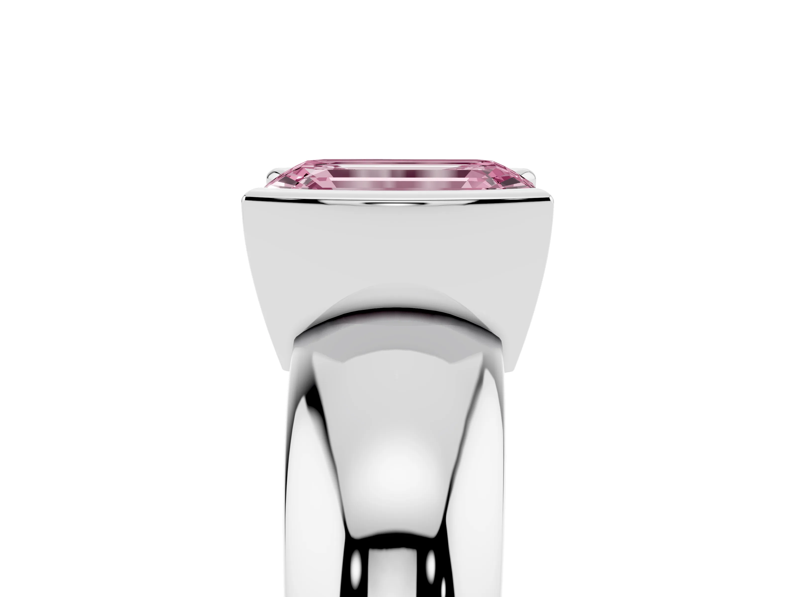 Fancy Pink Emerald Cut Diamond Solitaire Tension Set Ring Set in White gold with Wide Band