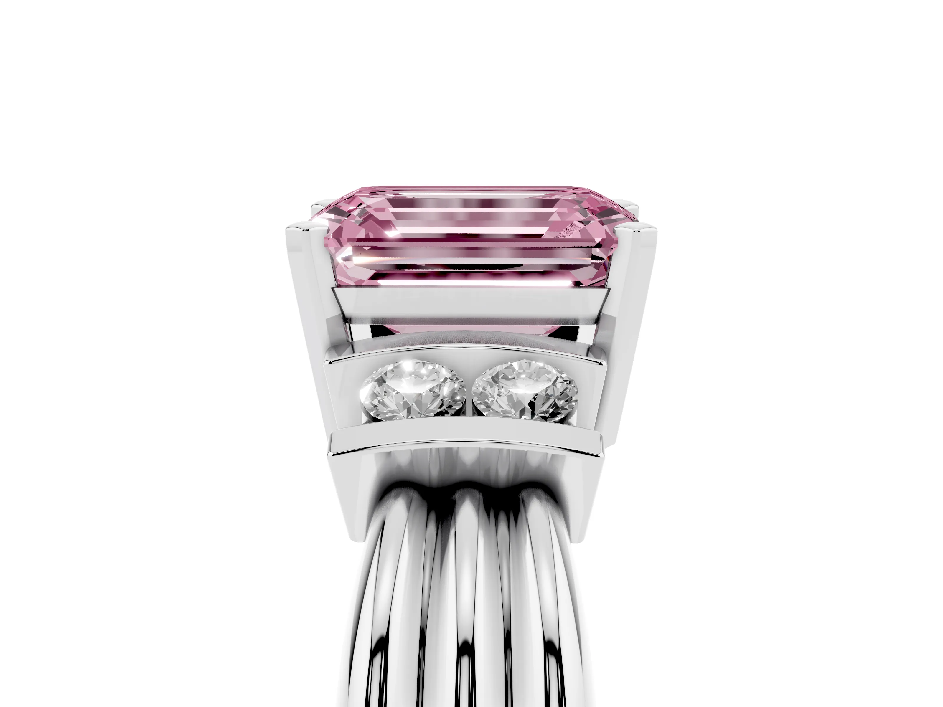 Fancy Pink Three-Stone Emerald Cut Diamond Channel Set Ring Set in White gold with Bar Prongs