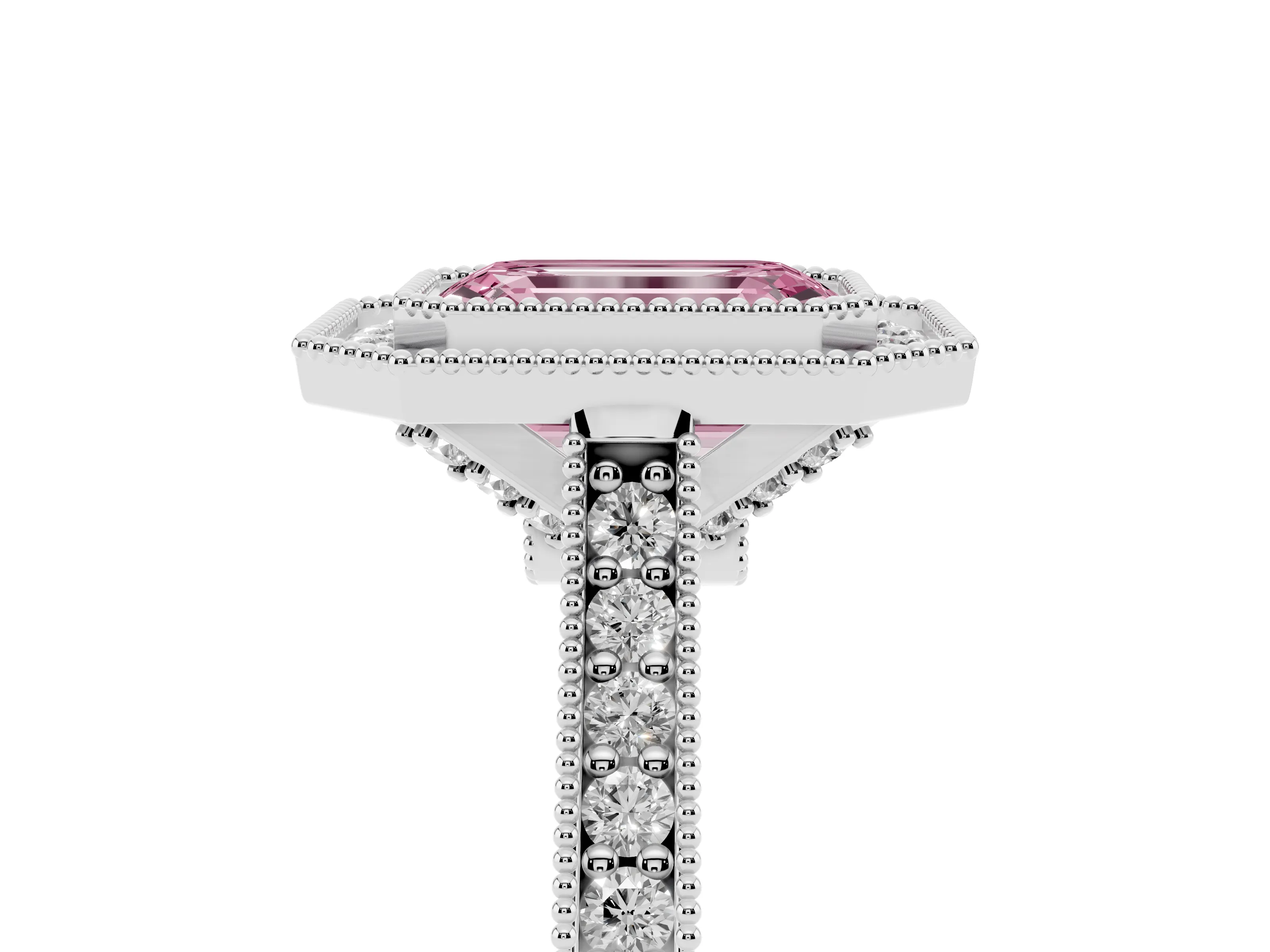 Fancy Pink Emerald Cut Diamond Halo Milgrain Pavé Band Ring Set in Platinum with Prong Setting