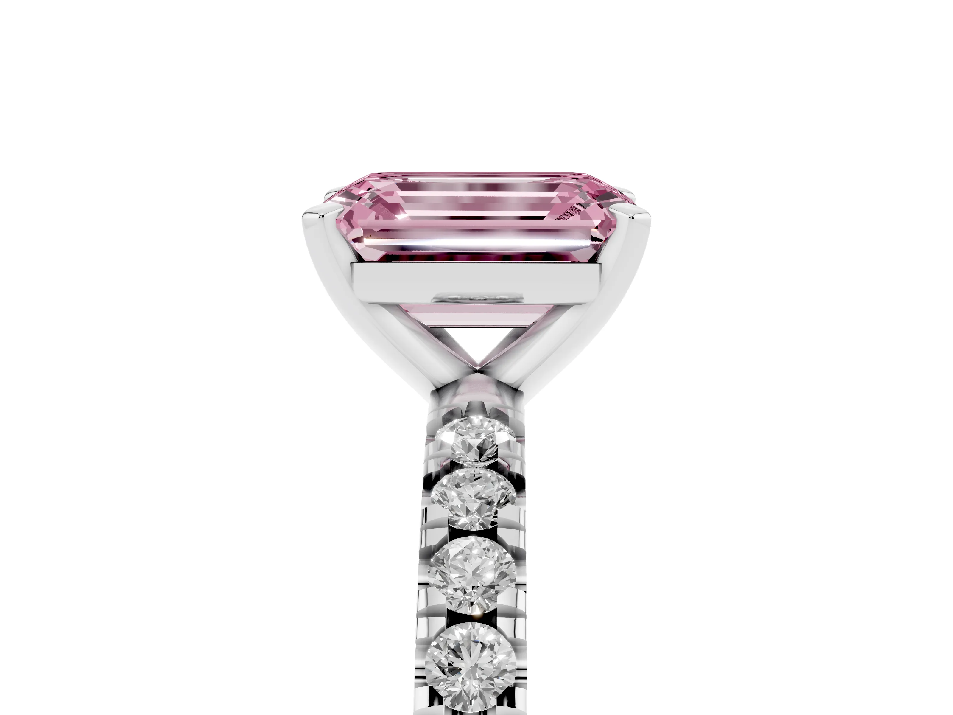 Fancy Pink Emerald Cut Diamond Pavé Band Solitaire Set in Platinum with Prong Setting