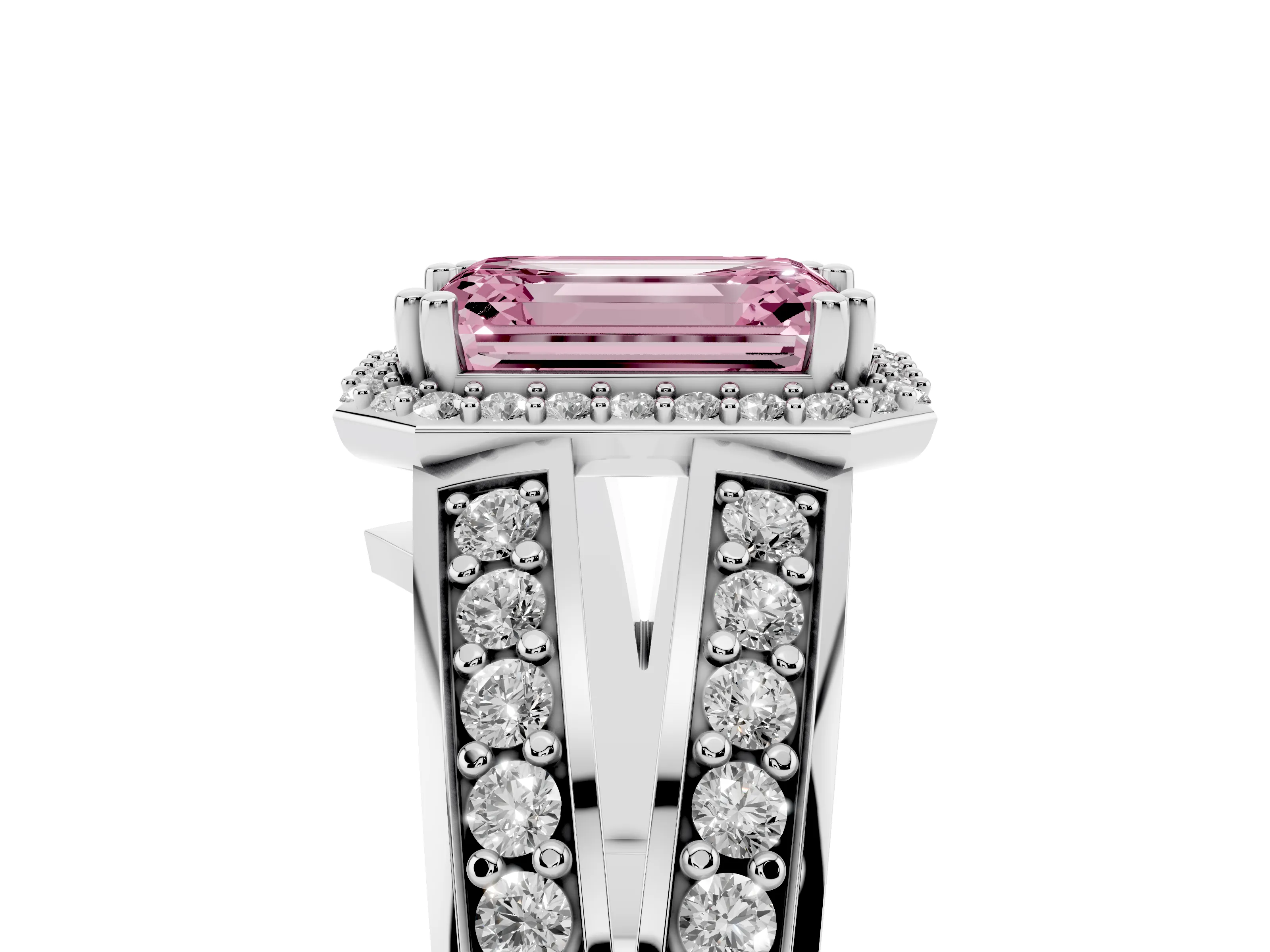 Fancy Pink Emerald Cut Diamond Halo Ring Set in White gold with Double Pavé Split Shank