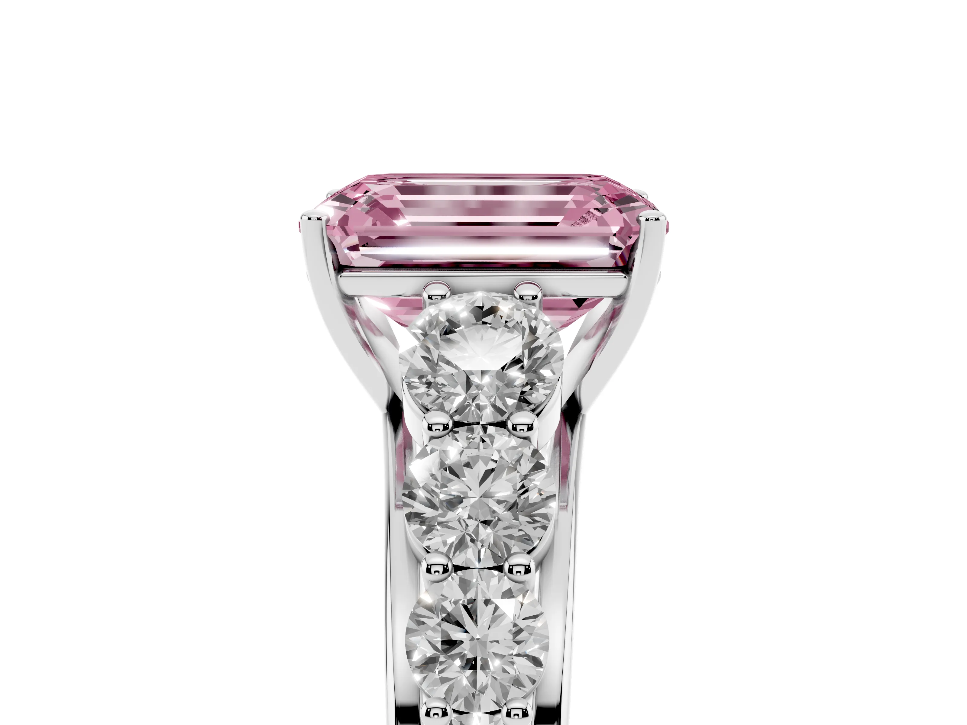 Fancy Pink Emerald Cut Diamond Solitaire Ring Set in White gold with Pavé-Set Band and Prong Setting
