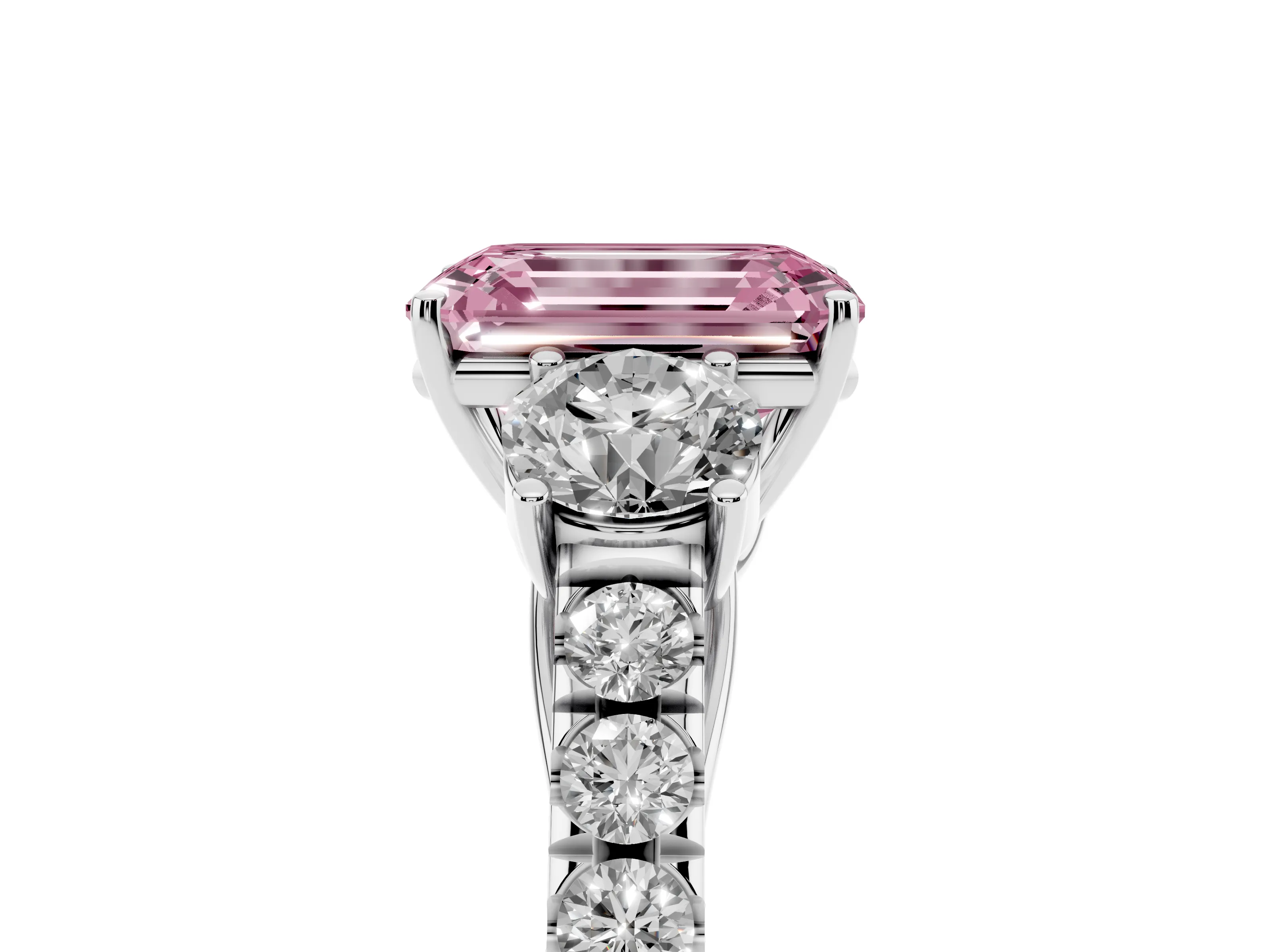 Fancy Pink Emerald Cut Diamond Three-Stone Ring Set in White gold with Round Side Stones and Delicate Pavé Band