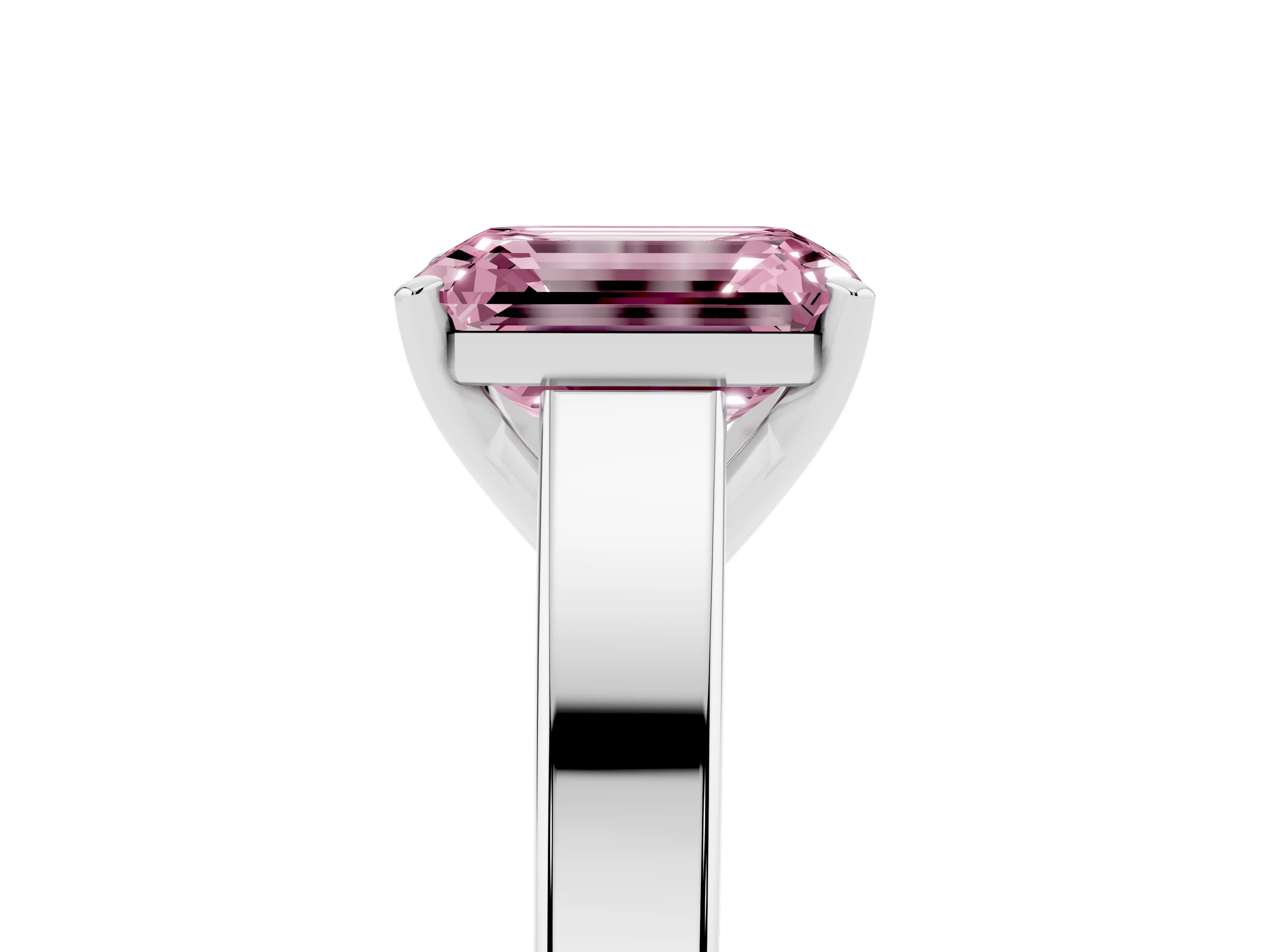 Fancy Pink Emerald Cut Diamond Solitaire Engagement Ring Set in White gold with Prong Setting and Tapered Band