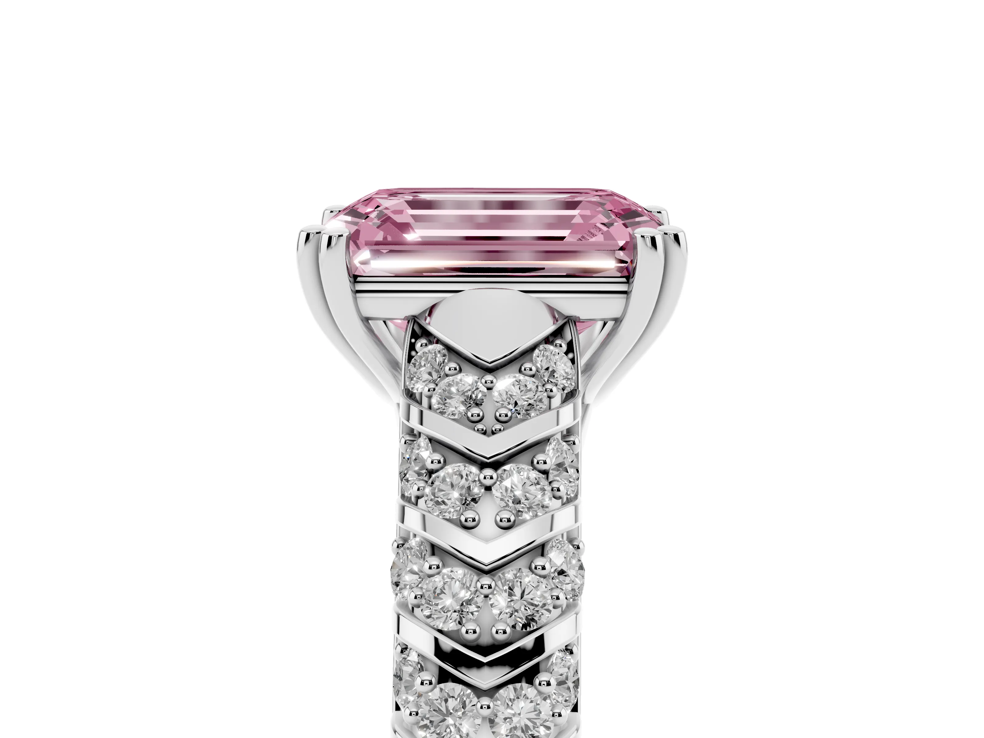 Fancy Pink Emerald Cut Diamond Solitaire Chevron Pavé Engagement Ring Set in Silver with Prong Setting