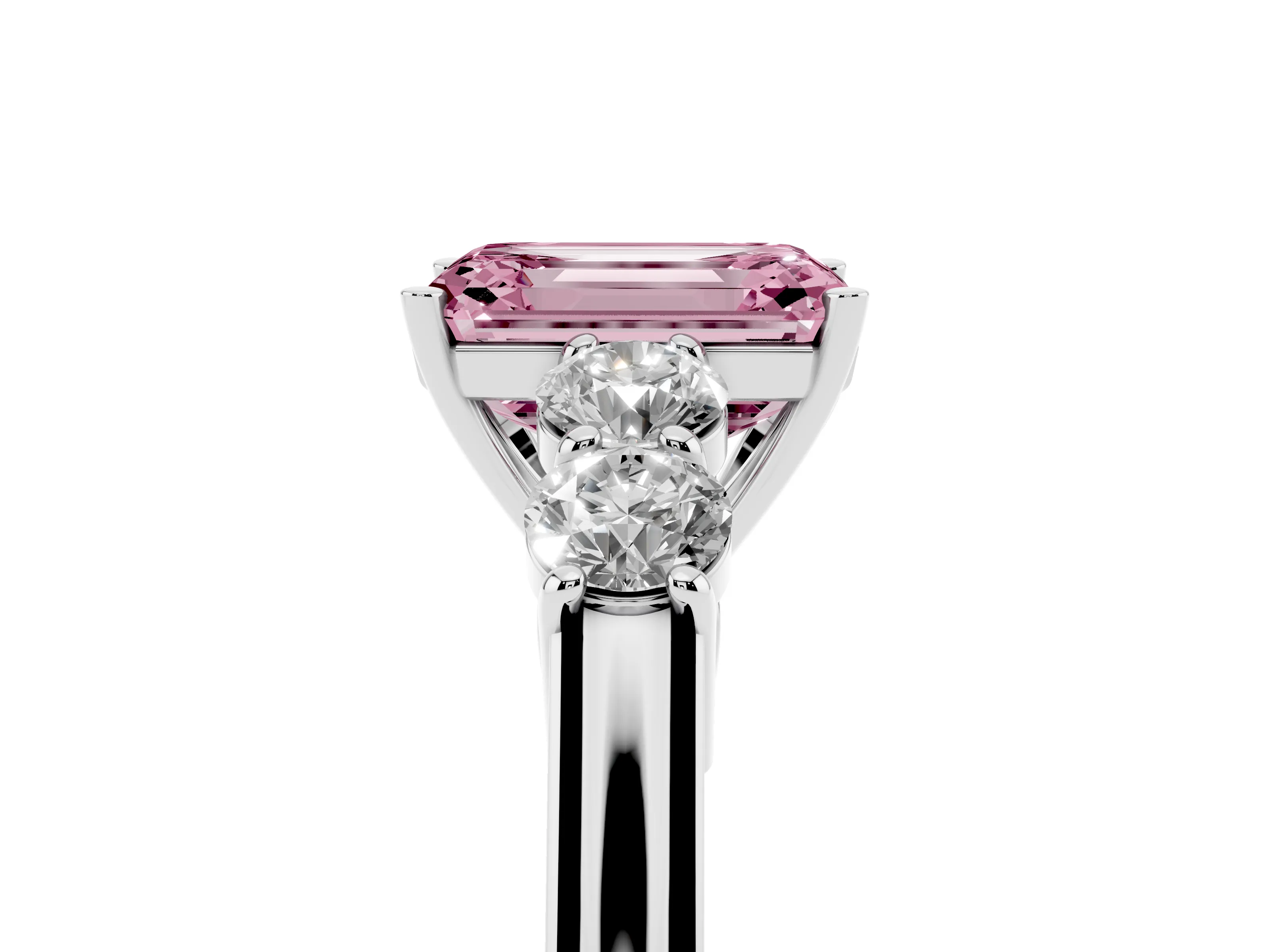 Fancy Pink Emerald Cut Diamond Five-Stone Prong Set Band Ring Set in Platinum with Polished Band