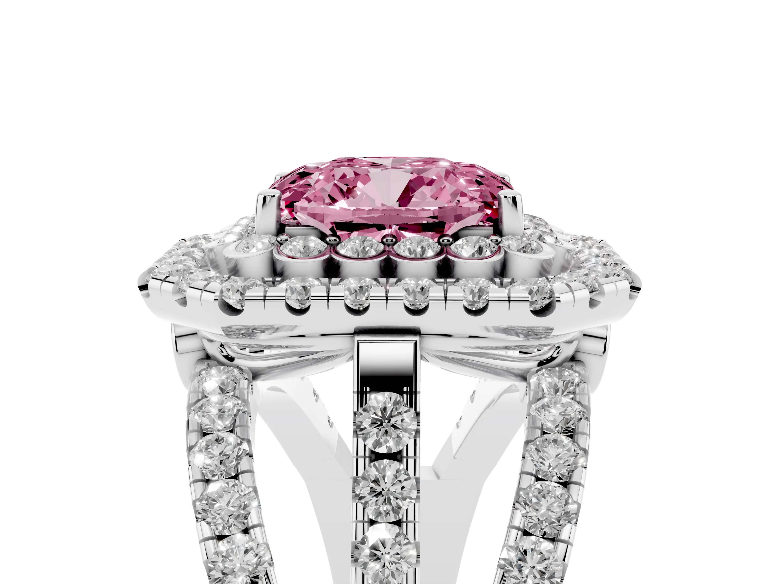 Fancy Pink Emerald Cut Diamond Double Halo Ring Set in Silver with Round Pavé Split Shank