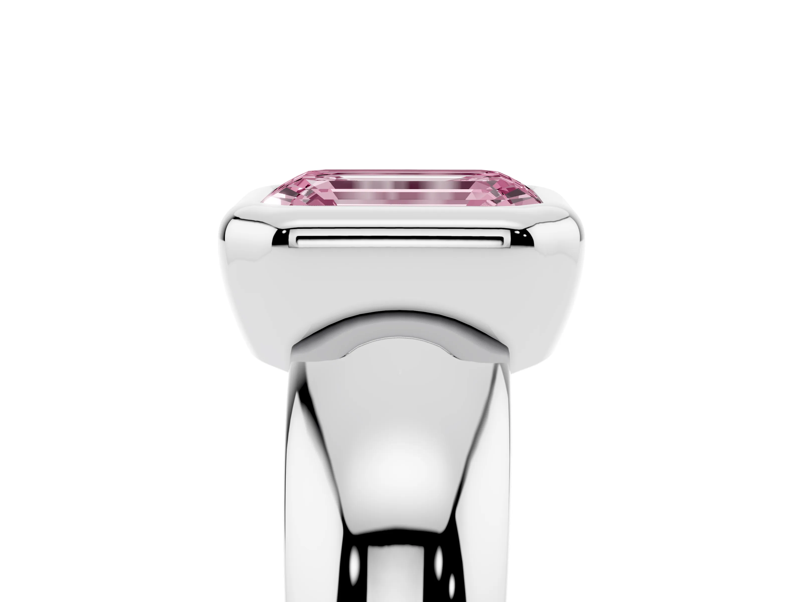 Fancy Pink Bezel Set Emerald Cut Diamond Solitaire Ring Set in Silver with Wide Band