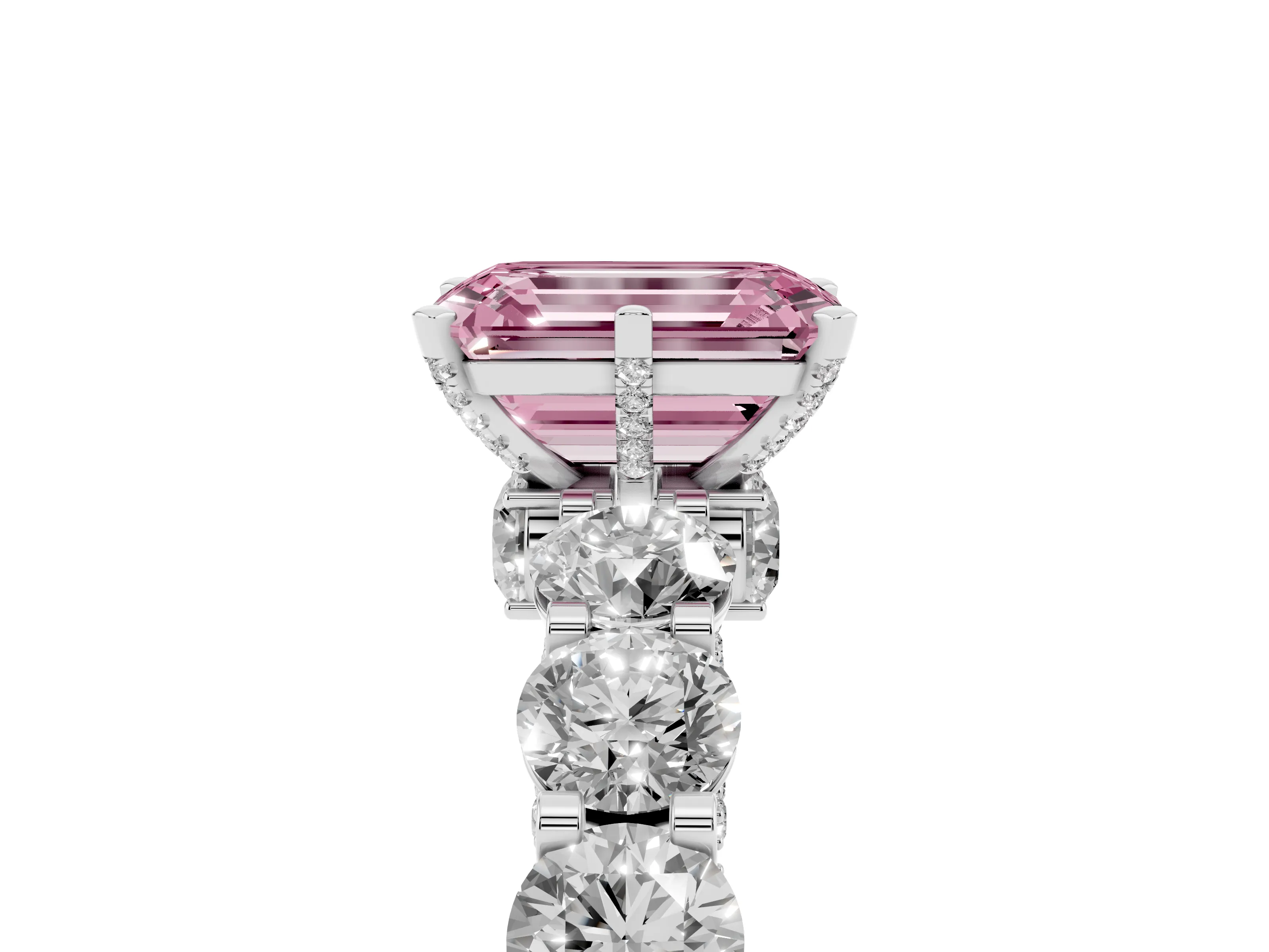 Fancy Pink Emerald Cut Diamond Side Stone Ring Set in White gold with Alternating Round and Oval Side Stones