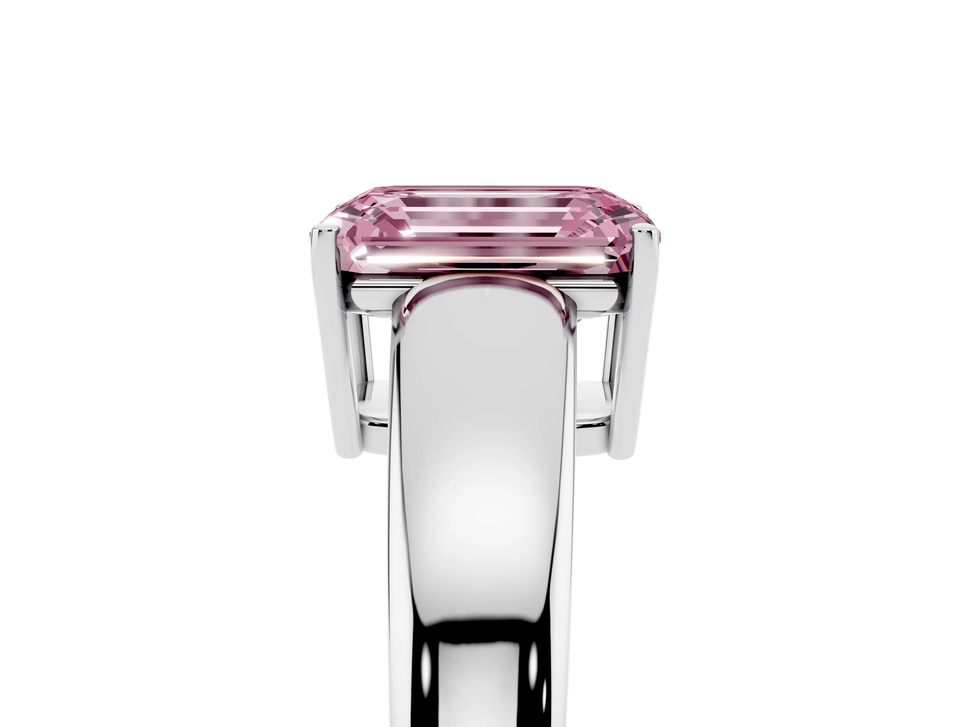 Fancy Pink Emerald Cut Diamond Solitaire Ring Set in White gold with Tapered Band and Prong Setting