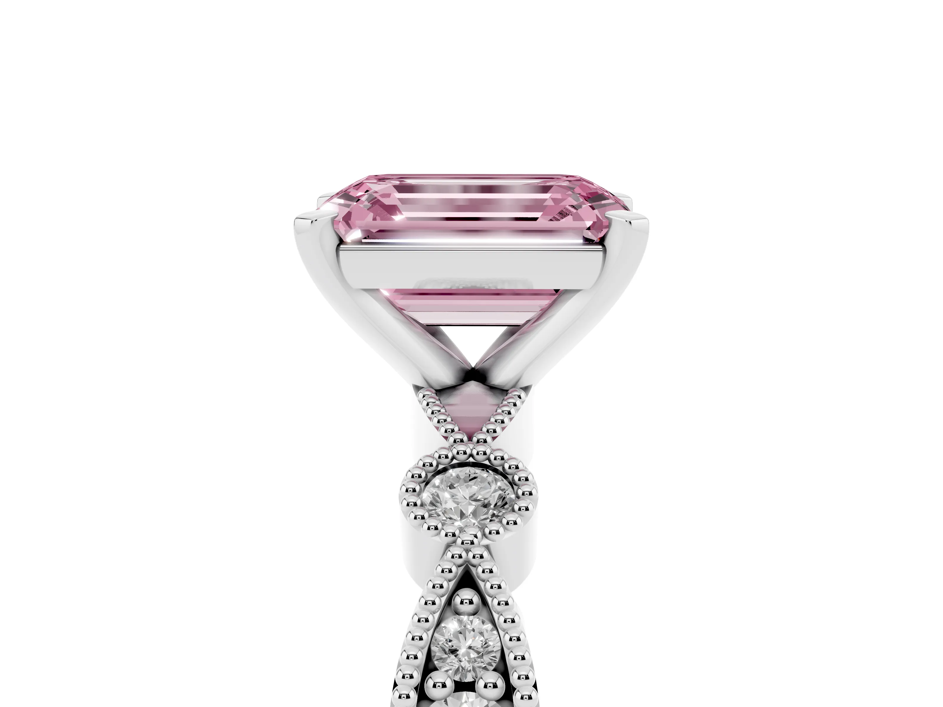 Fancy Pink Emerald Cut Diamond Solitaire Engagement Ring Set in Silver with Milgrain Bezel Accent Band