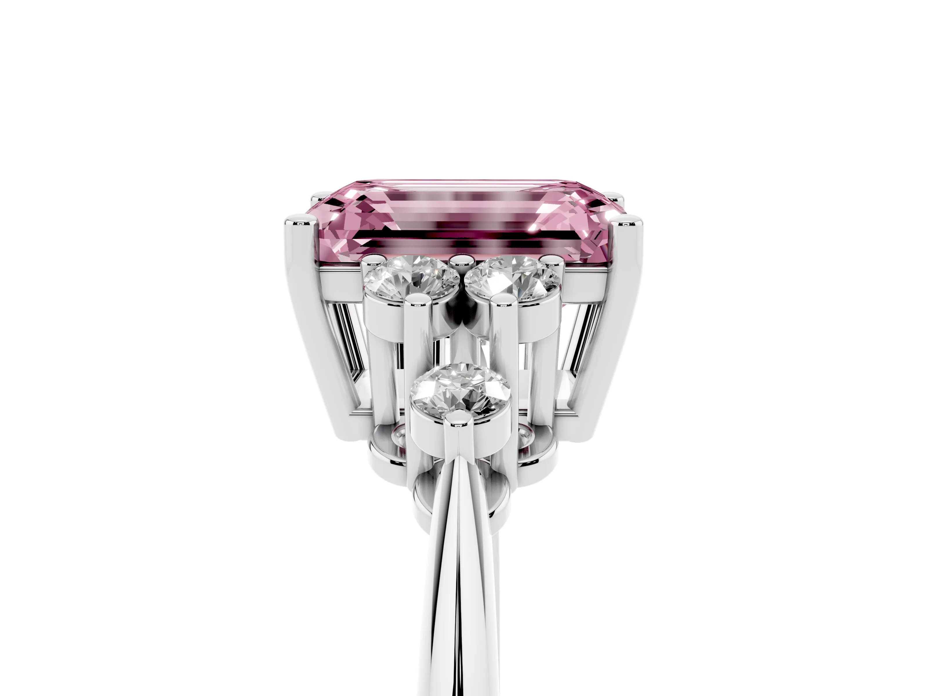 Fancy Pink Emerald Cut Diamond Cluster Ring Set in Silver with Plain Band and Prong Setting