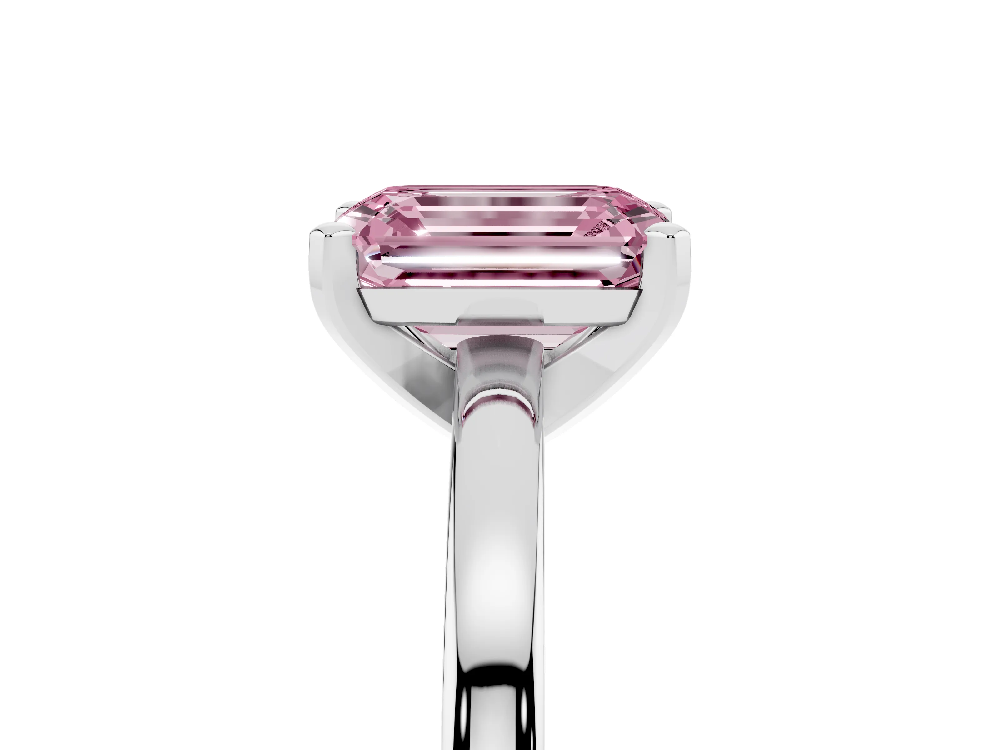 Fancy Pink Emerald Cut Diamond Solitaire Engagement Ring Set in Platinum with Prong Setting on a Classic Band