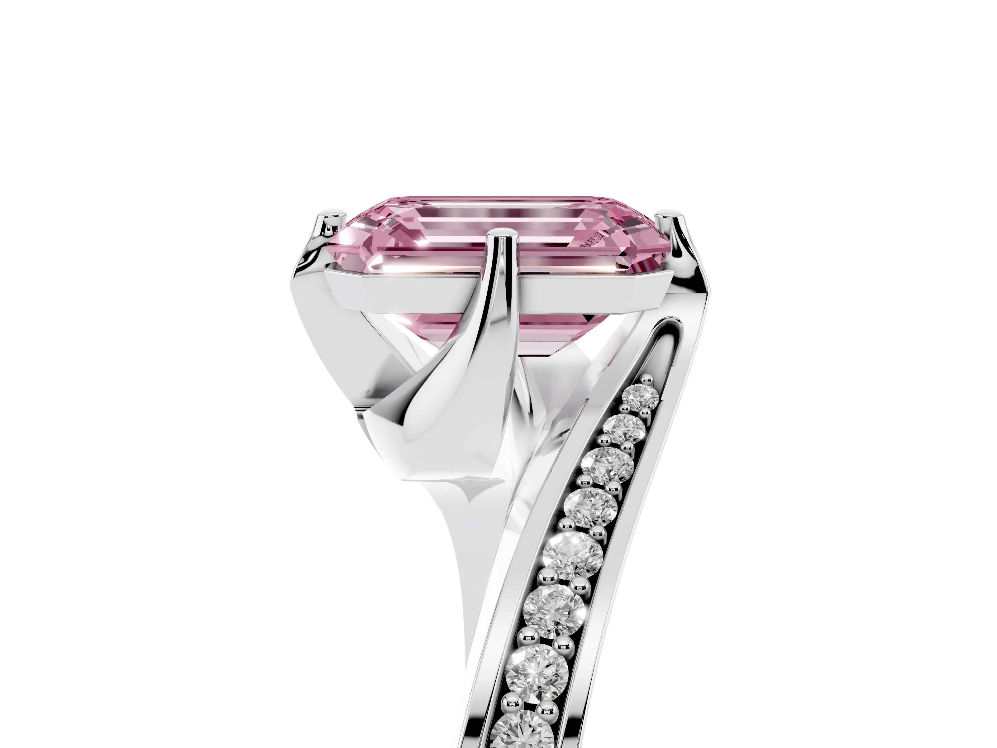 Fancy Pink Emerald Cut Diamond Solitaire Ring Set in Silver with Intertwined Pavé Twist Band