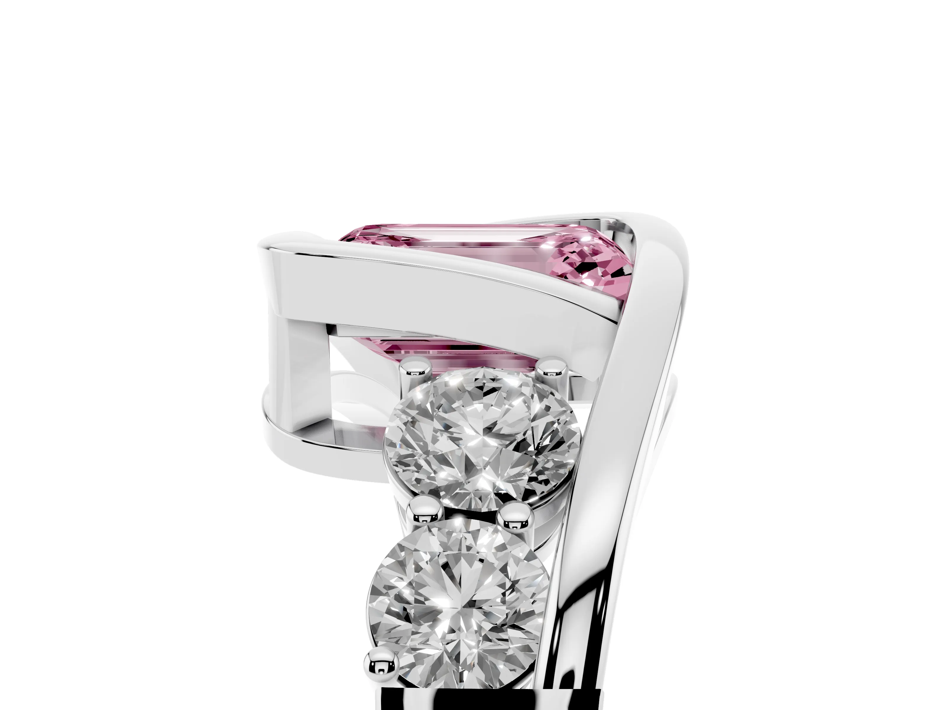 Fancy Pink Emerald Cut Diamond Bezel Bypass Ring Set in Silver with Round Accents