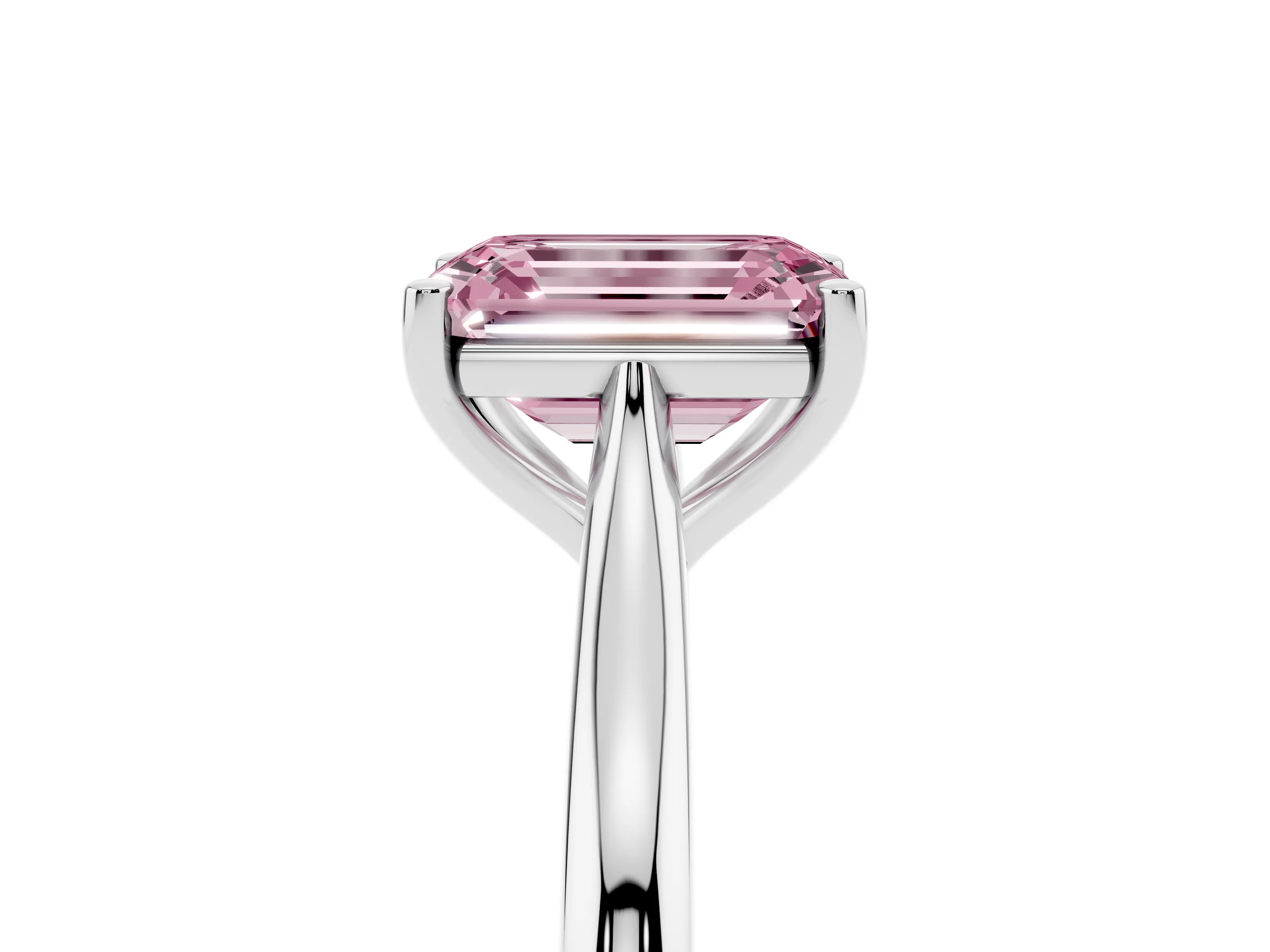 Fancy Pink Emerald Cut Diamond Solitaire Ring Set in White gold with Cathedral Band and Prong Setting