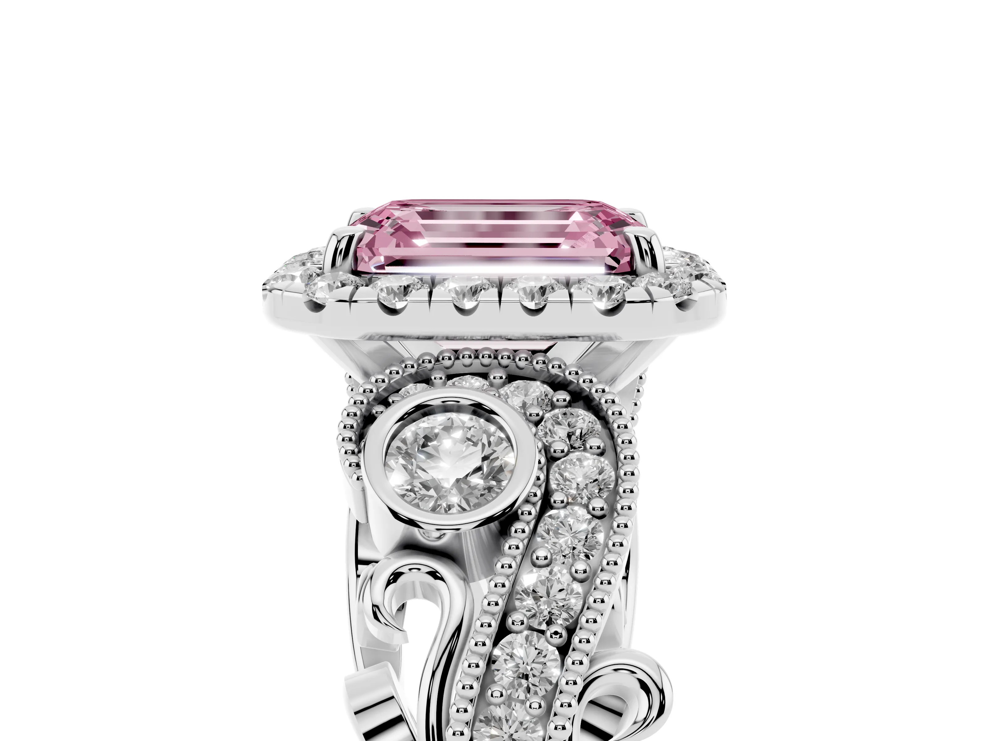 Fancy Pink Emerald Cut Diamond Halo Ring Set in Silver with Milgrain Pavé Band and Prong Setting