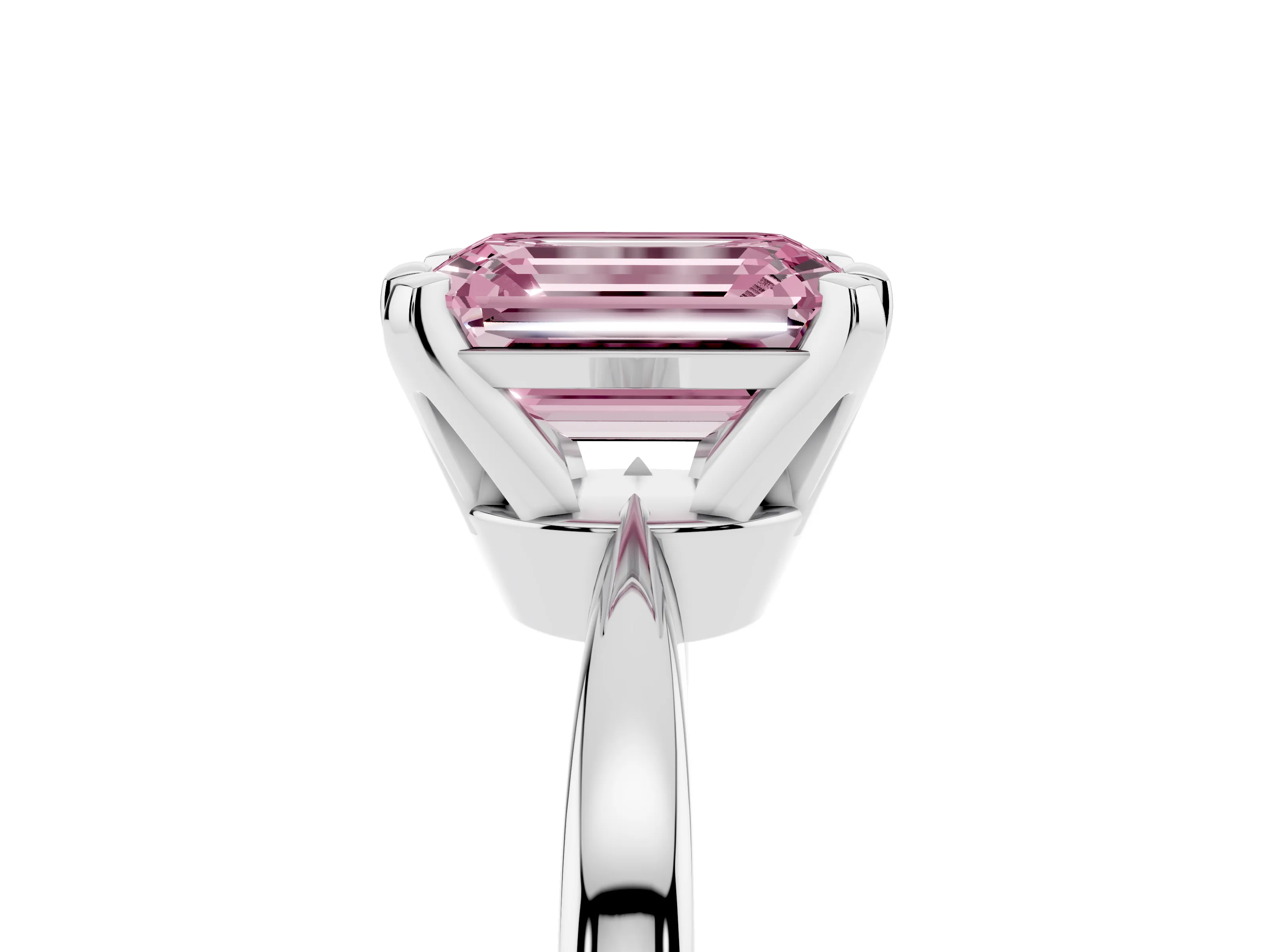 Fancy Pink Emerald Cut Diamond Solitaire Engagement Ring Set in White gold with Slim Tapered Solitaire Band