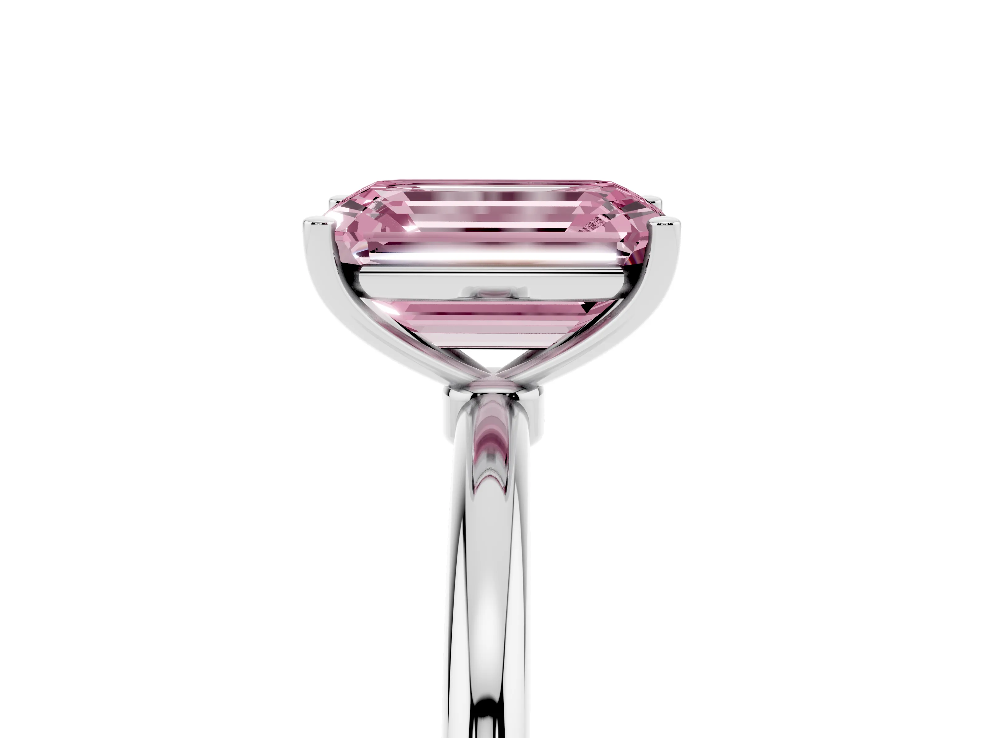 Fancy Pink Emerald Cut Diamond Solitaire Engagement Ring Set in Platinum with Thin Band and Prong Setting