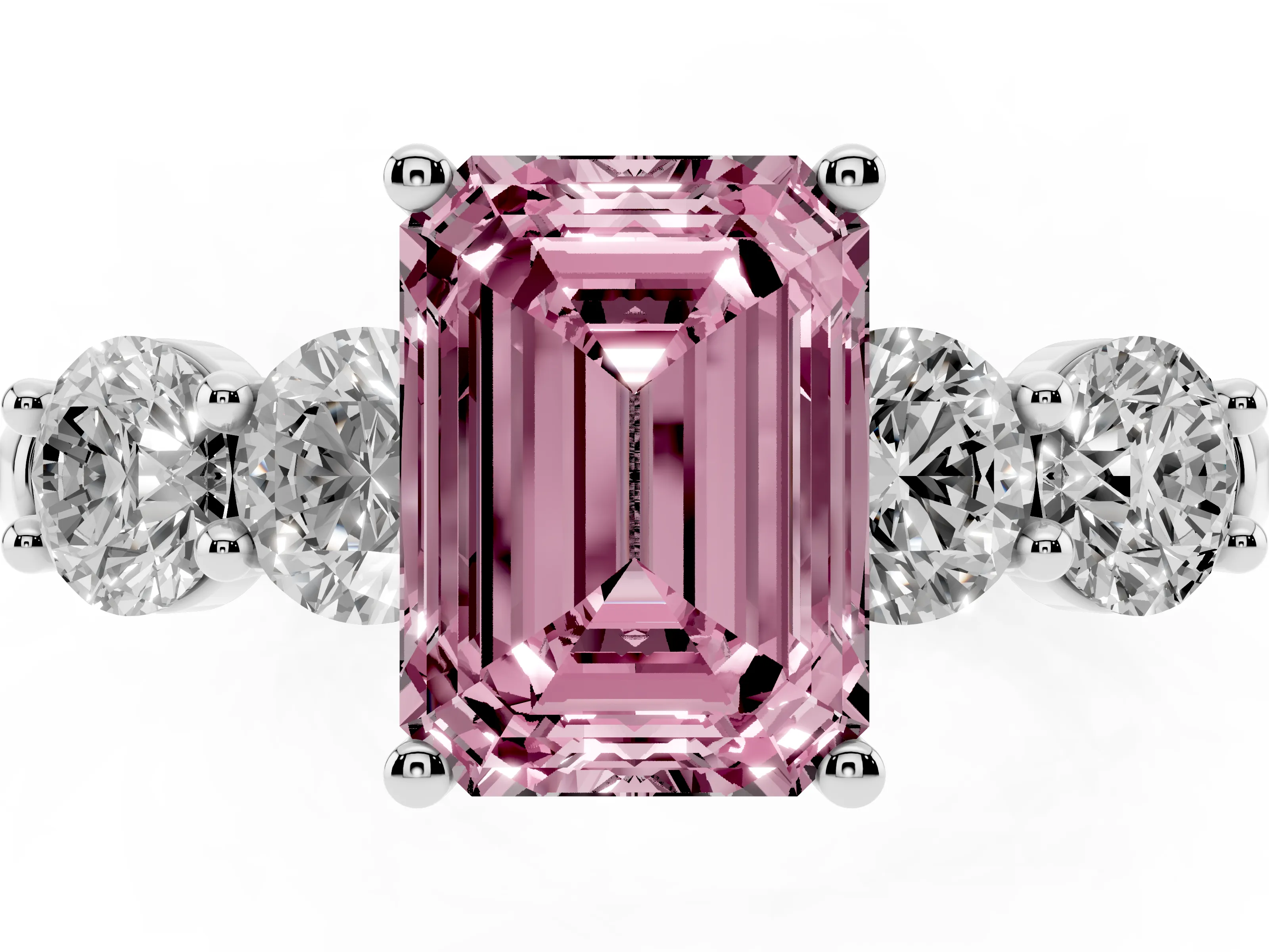 Fancy Pink Emerald Cut Diamond Five-Stone Prong Set Ring Set in White gold with Classic Band