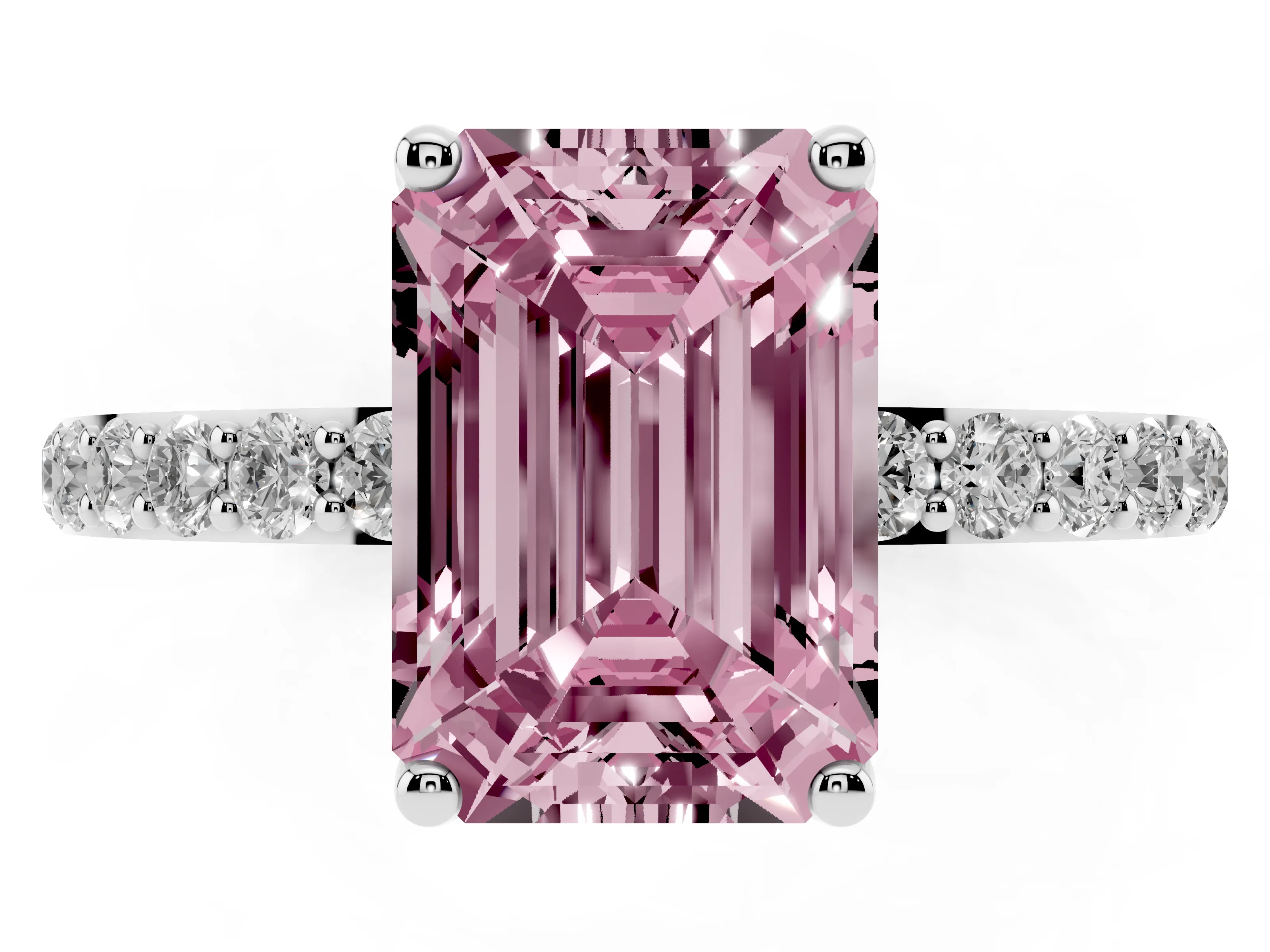 Fancy Pink Emerald Cut Diamond Solitaire Engagement Ring Set in Platinum with Round Pavé Band and Prong Setting