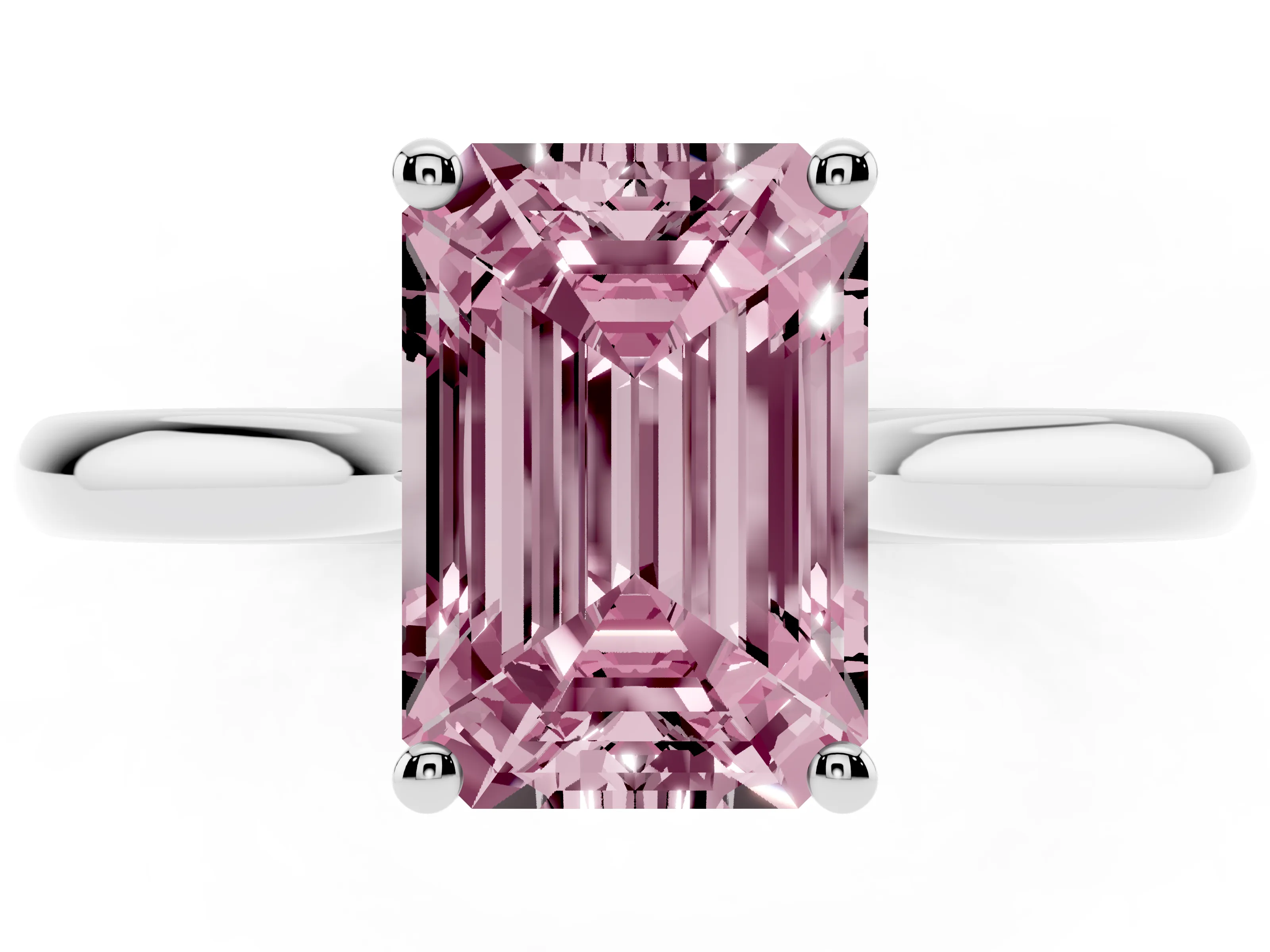 Fancy Pink Emerald Cut Diamond Solitaire Ring Set in White gold with Cathedral Band and Prong Setting