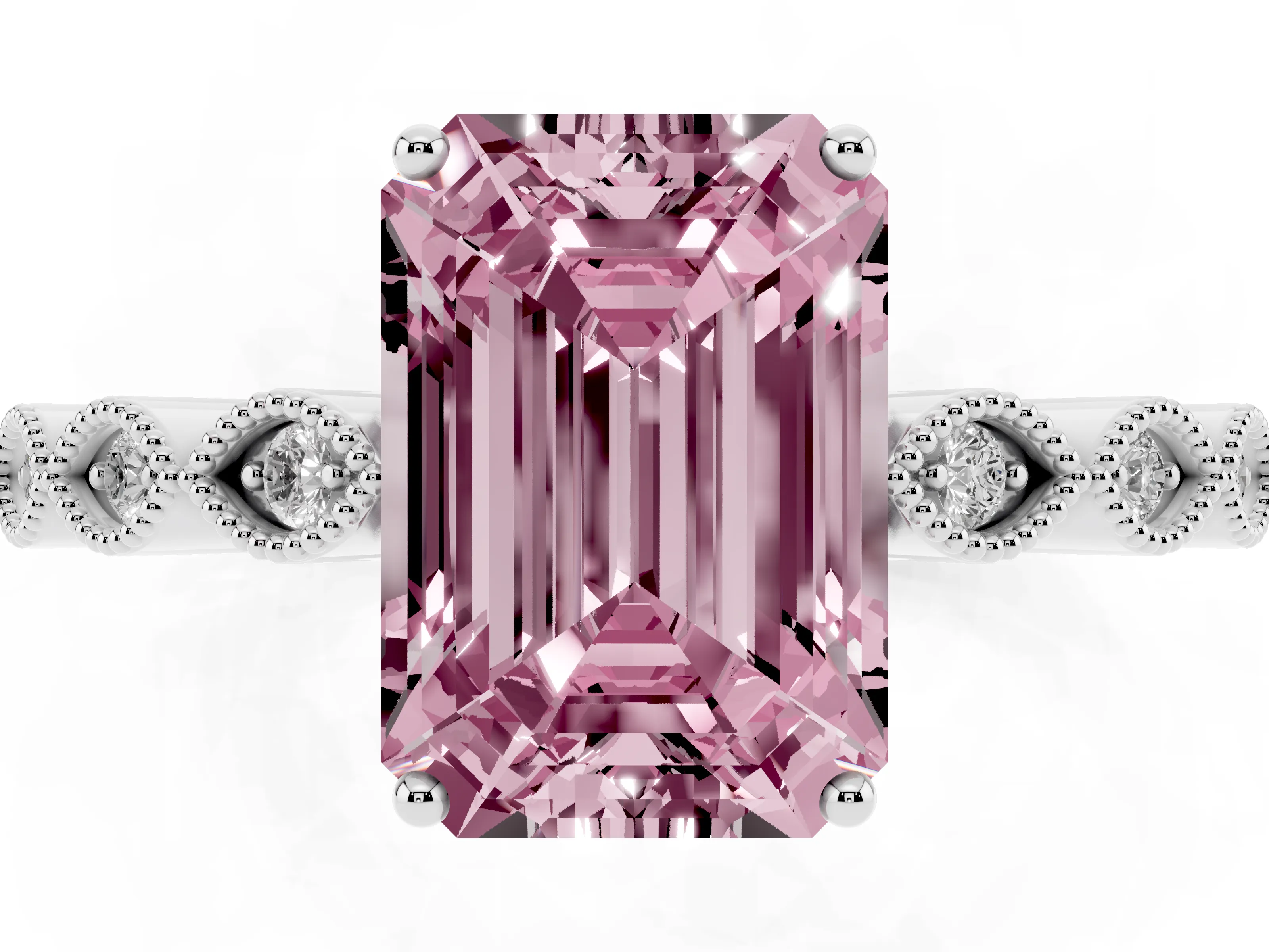 Fancy Pink Emerald Cut Diamond Solitaire Ring Set in Silver with Infinity Twist Pavé Band