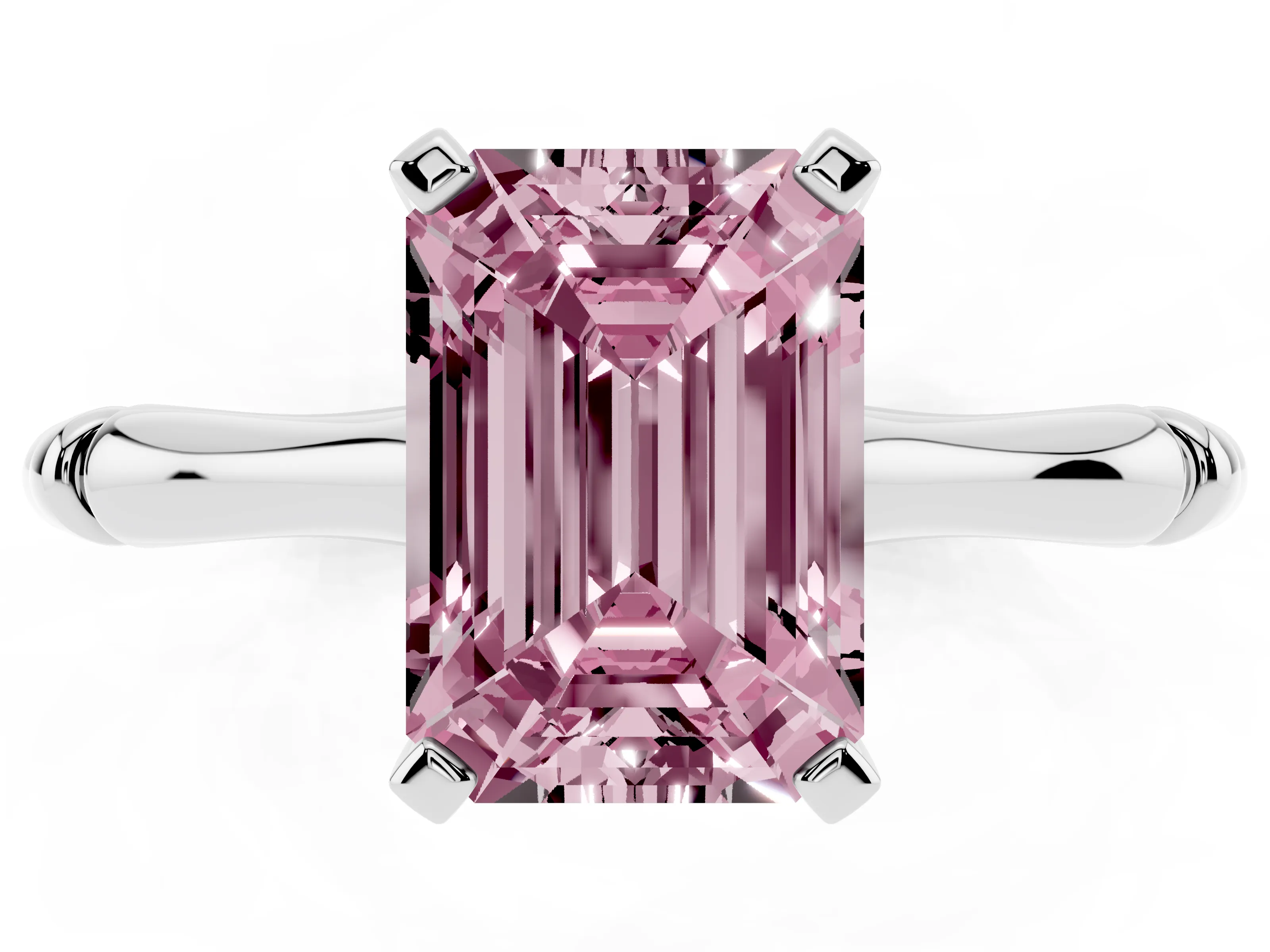 Fancy Pink Emerald Cut Diamond Solitaire Ring Set in Silver with Bamboo Band and Prong Setting