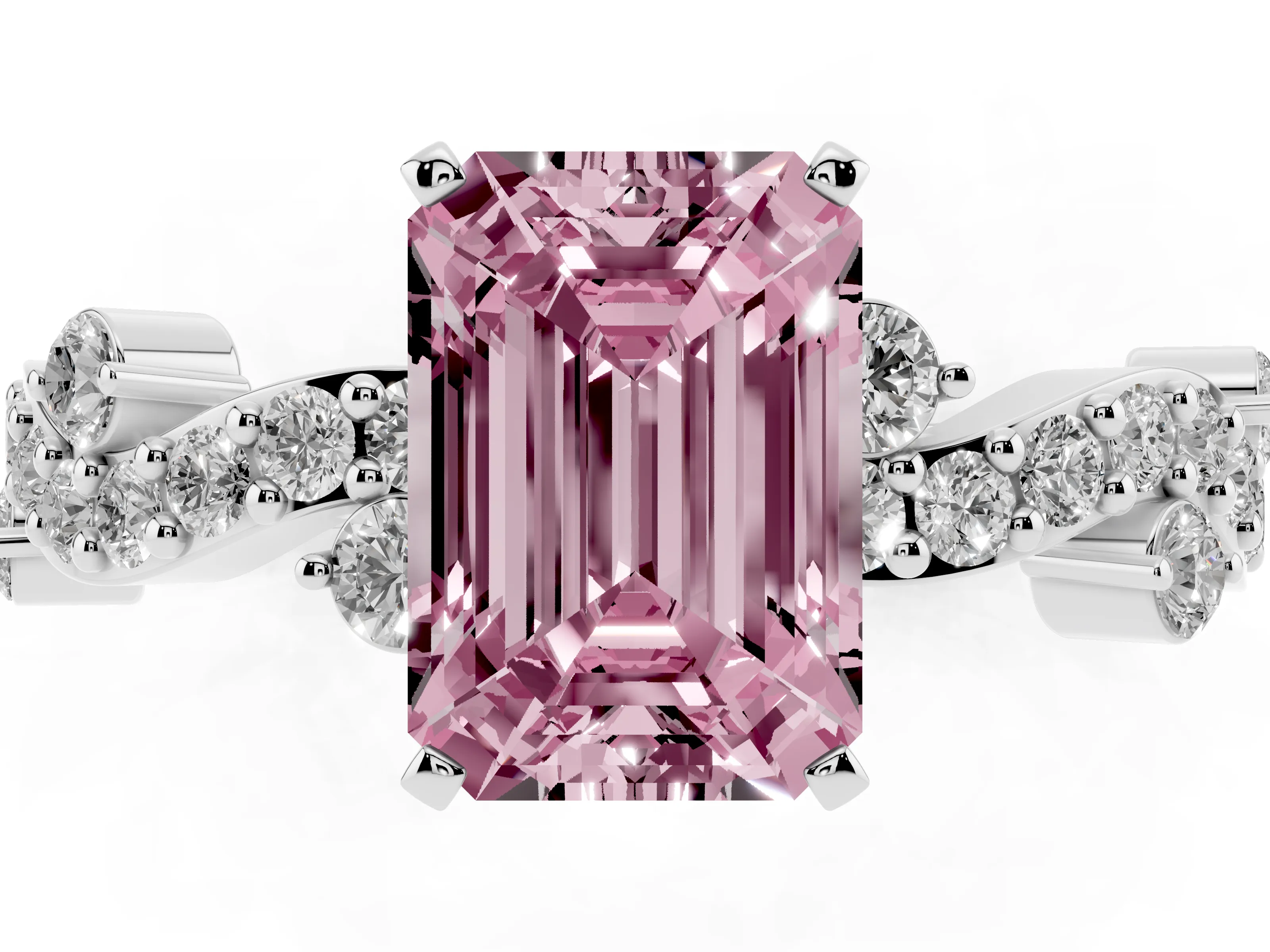 Fancy Pink Emerald Cut Diamond Solitaire Twisted Band Set in Silver with Pavé Setting