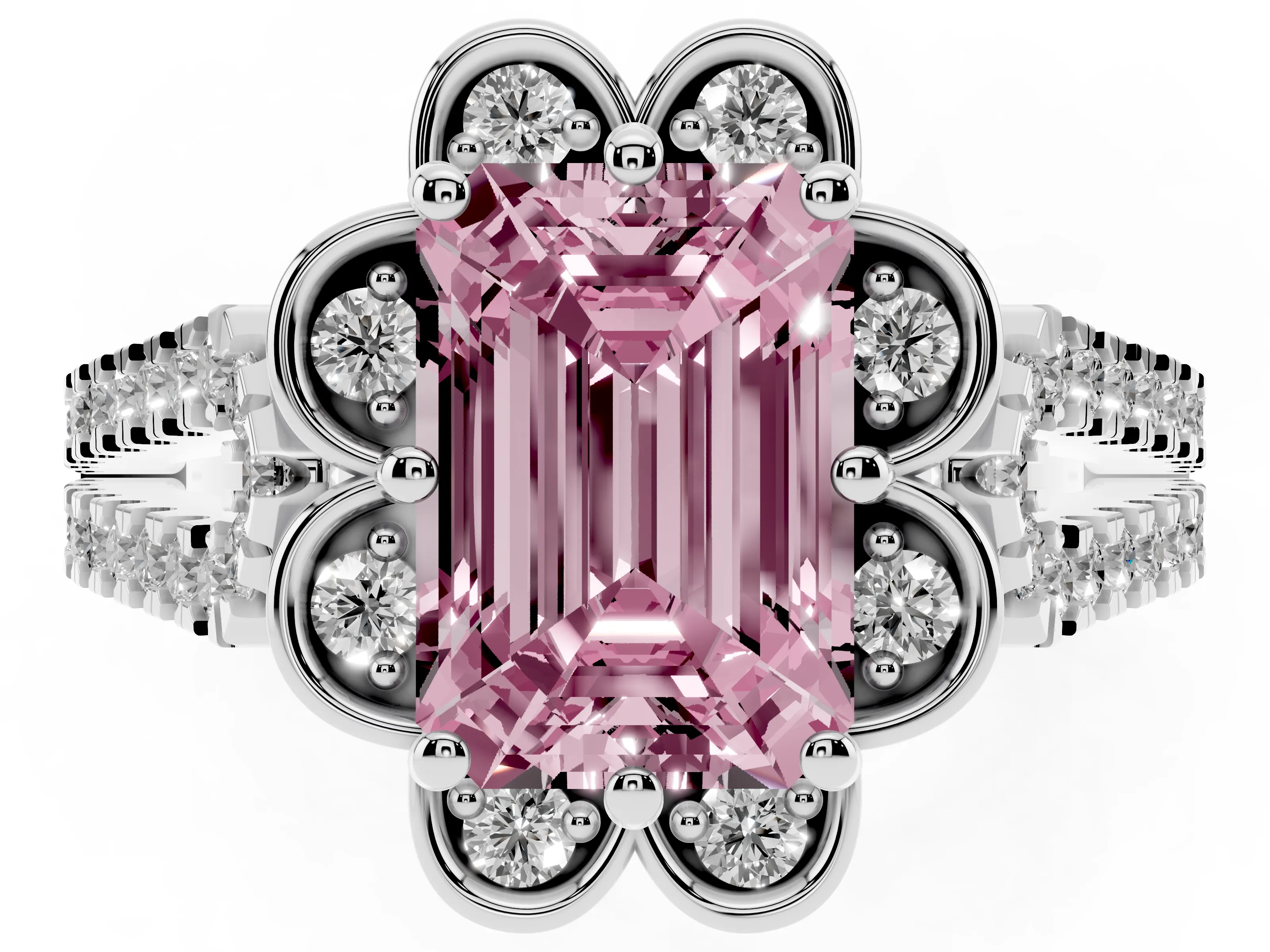 Fancy Pink Emerald Cut Diamond Floral Halo Split Shank Engagement Ring Set in White gold with Pavé Shank