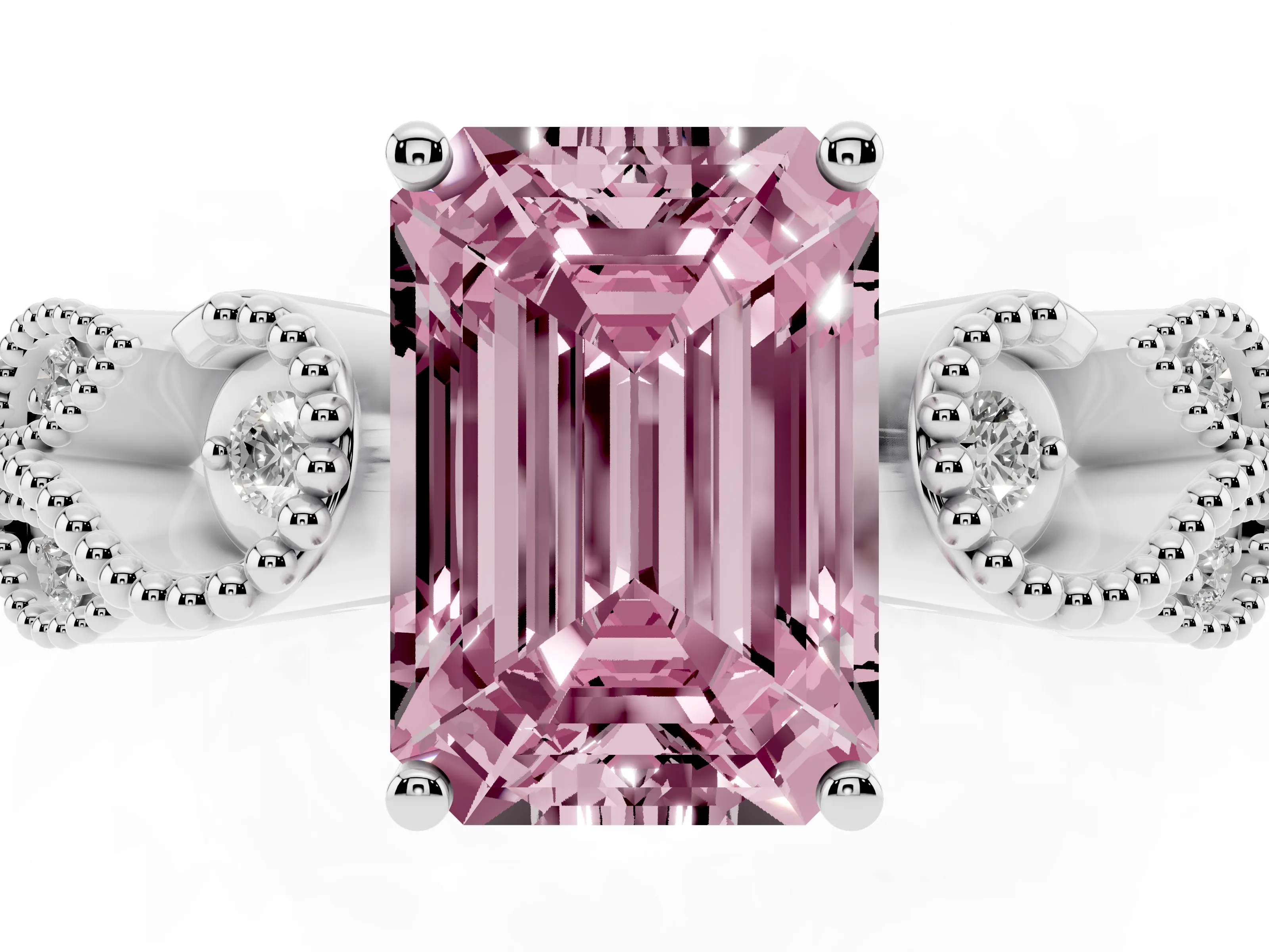 Fancy Pink Emerald Cut Diamond Milgrain Leaf Band Solitaire Ring Set in White gold with Accent Stones and Prong Setting