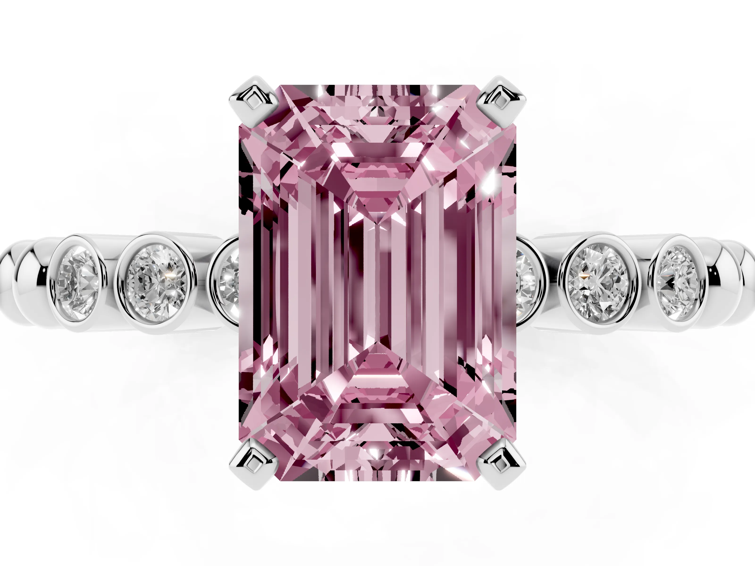 Fancy Pink Emerald Cut Diamond Solitaire Engagement Ring Set in Silver with Bezel Accents on Beaded Band