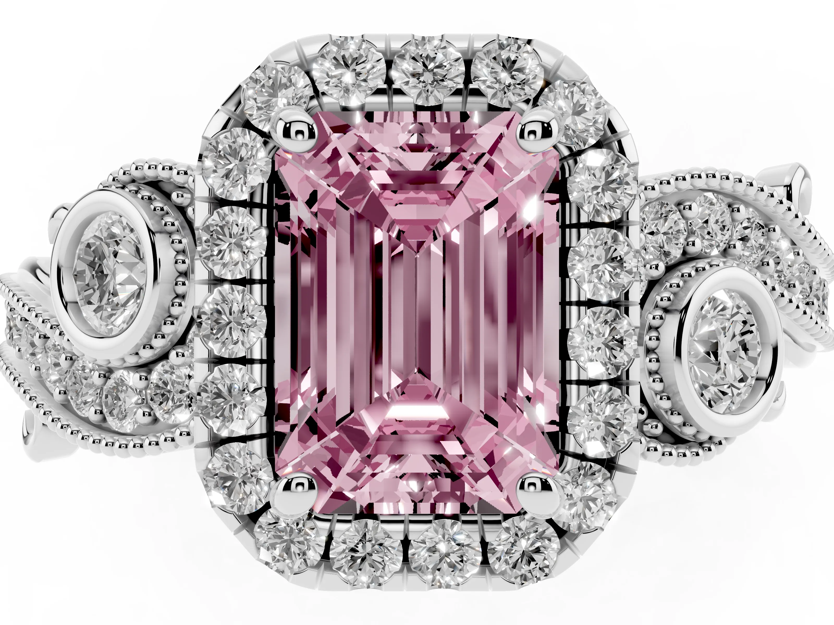 Fancy Pink Emerald Cut Diamond Halo Ring Set in Silver with Milgrain Pavé Band and Prong Setting