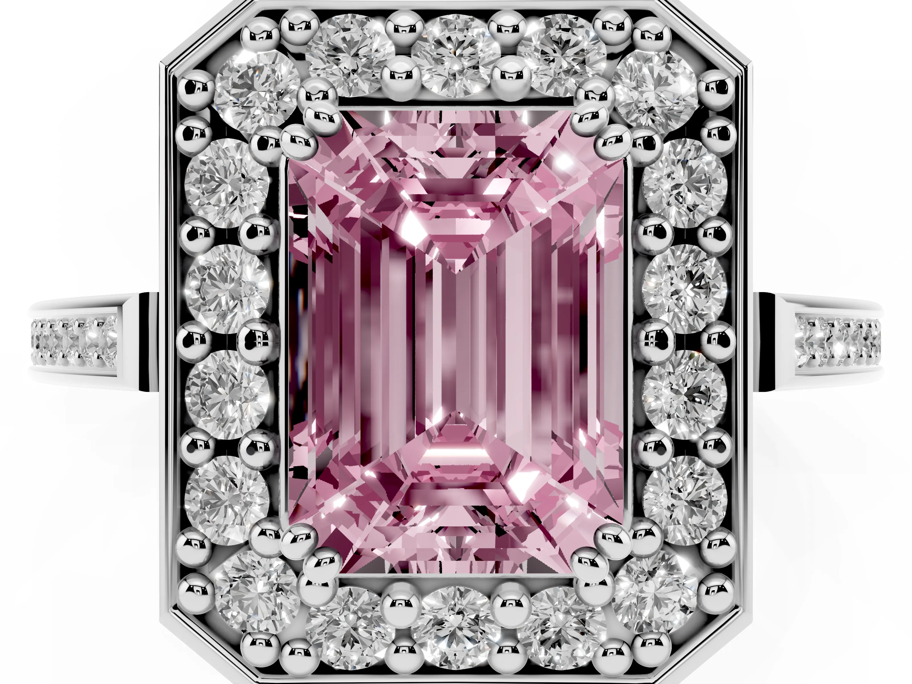Fancy Pink Emerald Cut Diamond Halo Ring Set in White gold with Accent-Lined Split Shank and Prong Setting
