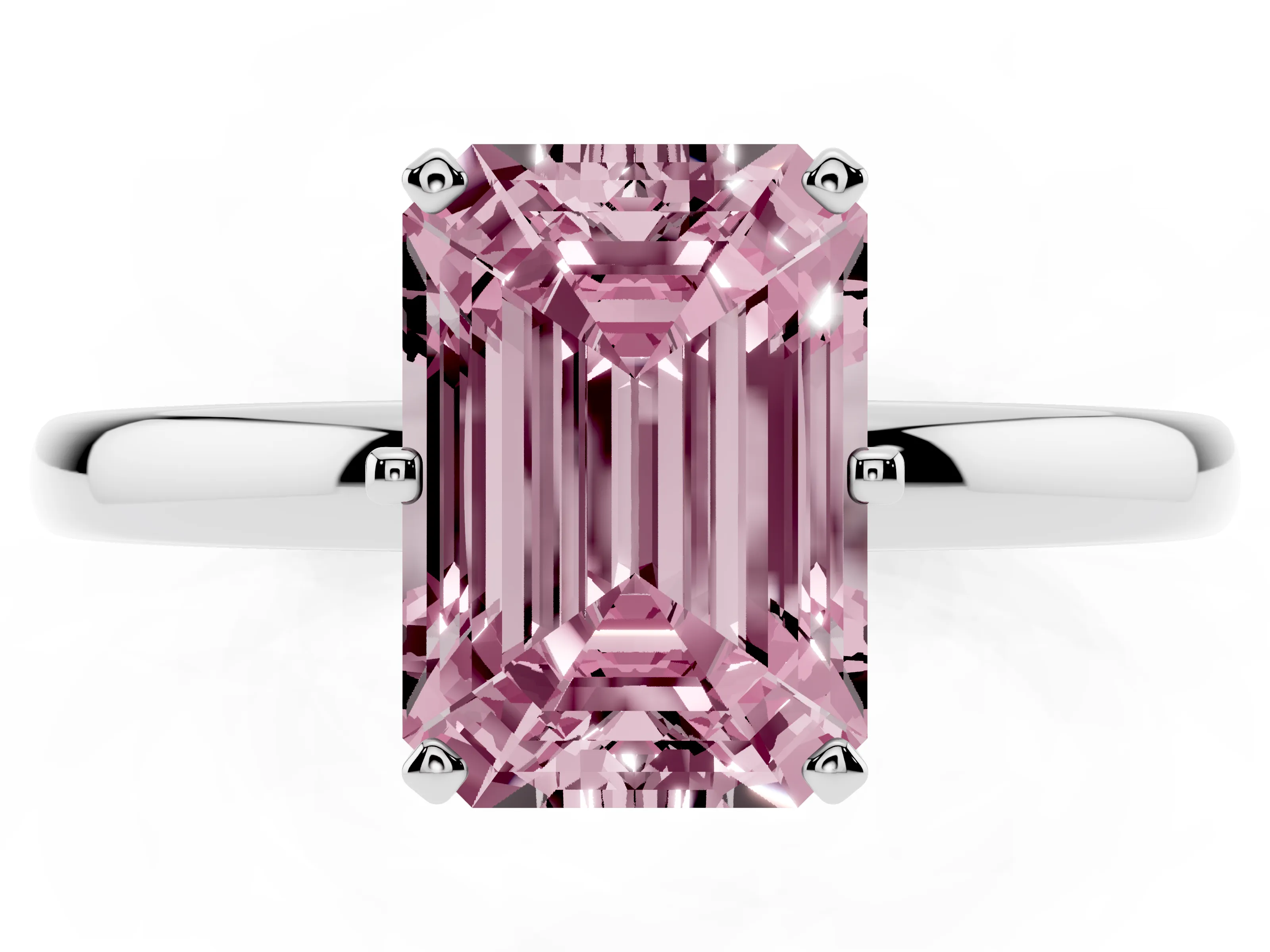 Fancy Pink Emerald Cut Diamond Solitaire Ring Set in Silver with Raised Prong Setting on a Classic Band