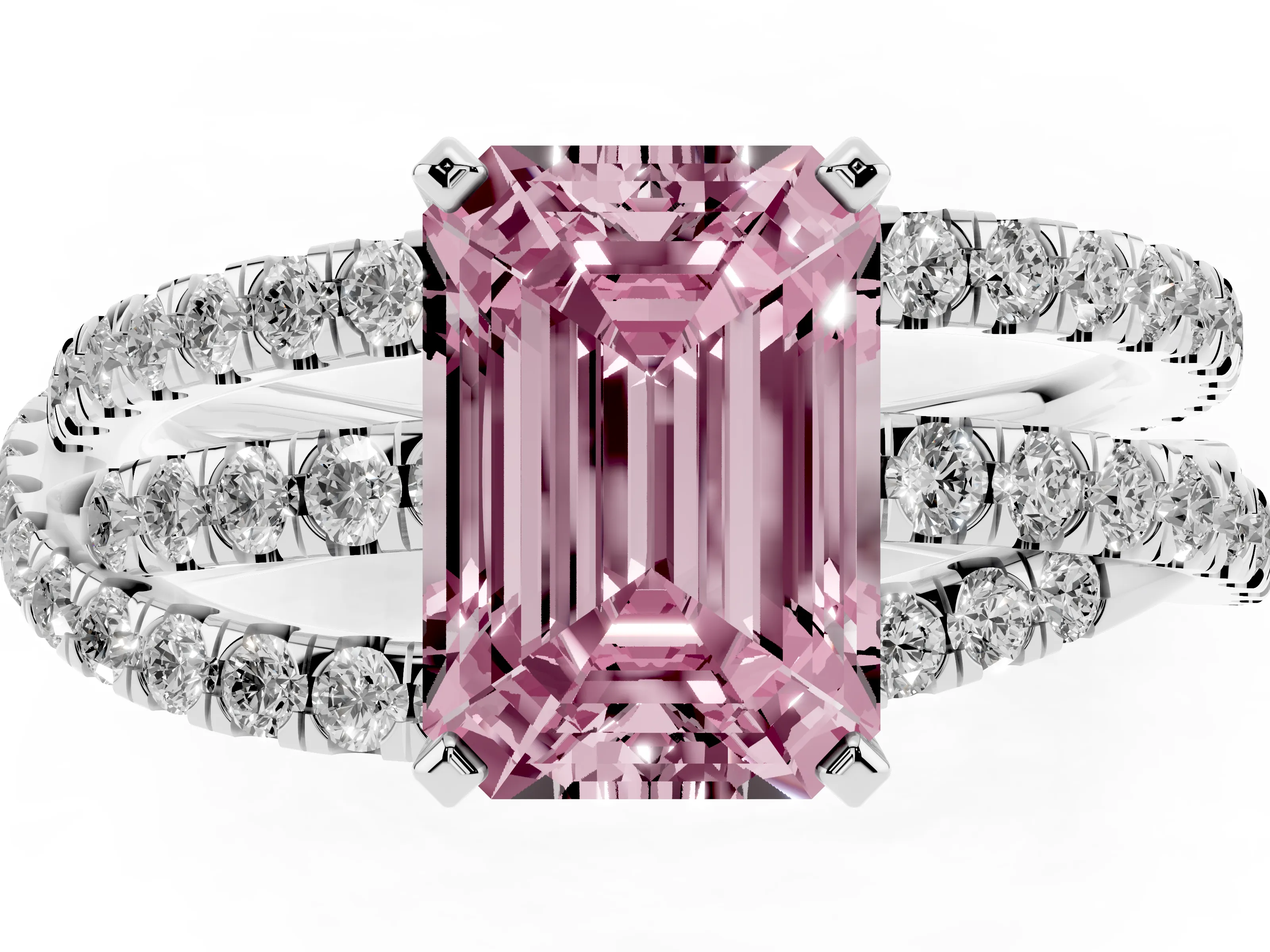 Fancy Pink Emerald Cut Diamond Solitaire Twist Band Ring Set in Silver with Pavé Setting and Prong Head