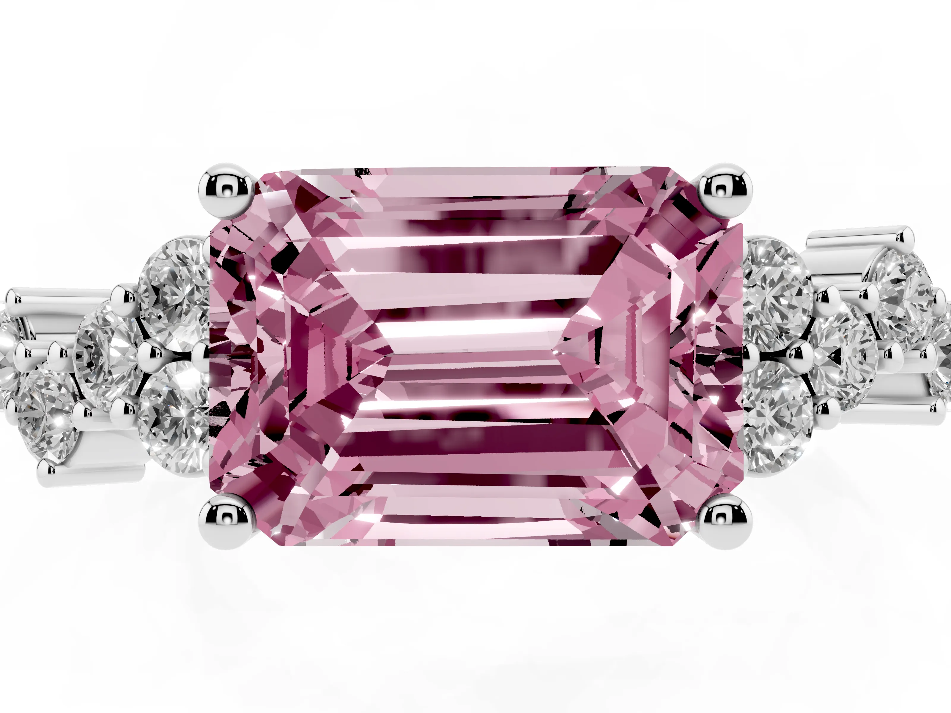 Fancy Pink Emerald Cut Diamond Ring Set in Silver with Scattered Round Accents