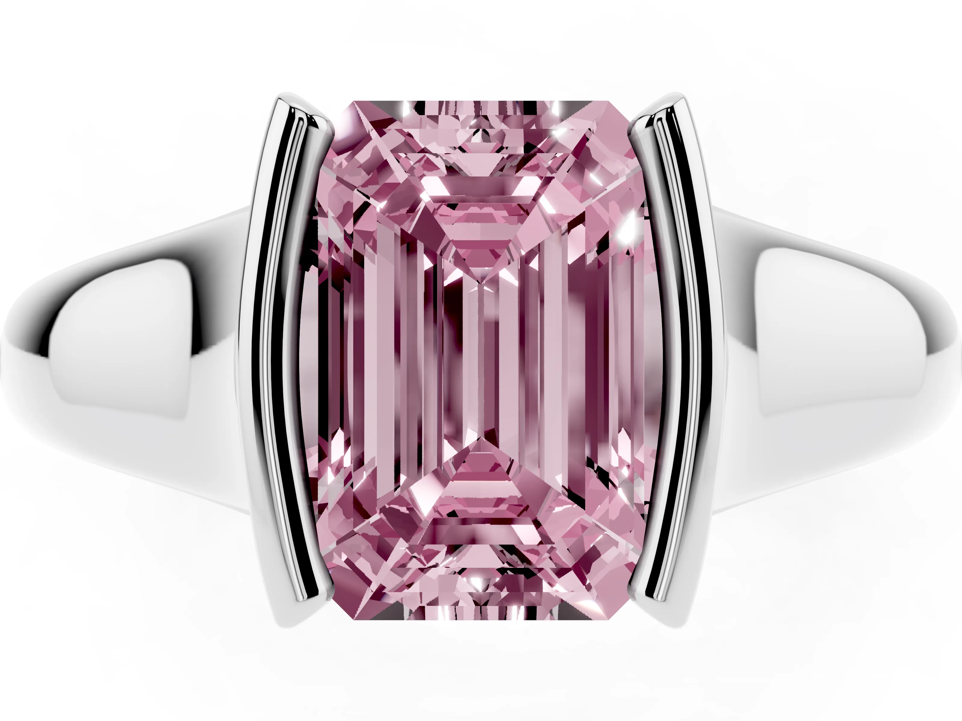 Fancy Pink Emerald Cut Diamond Solitaire Tension Set Ring Set in White gold with Split Shank Band