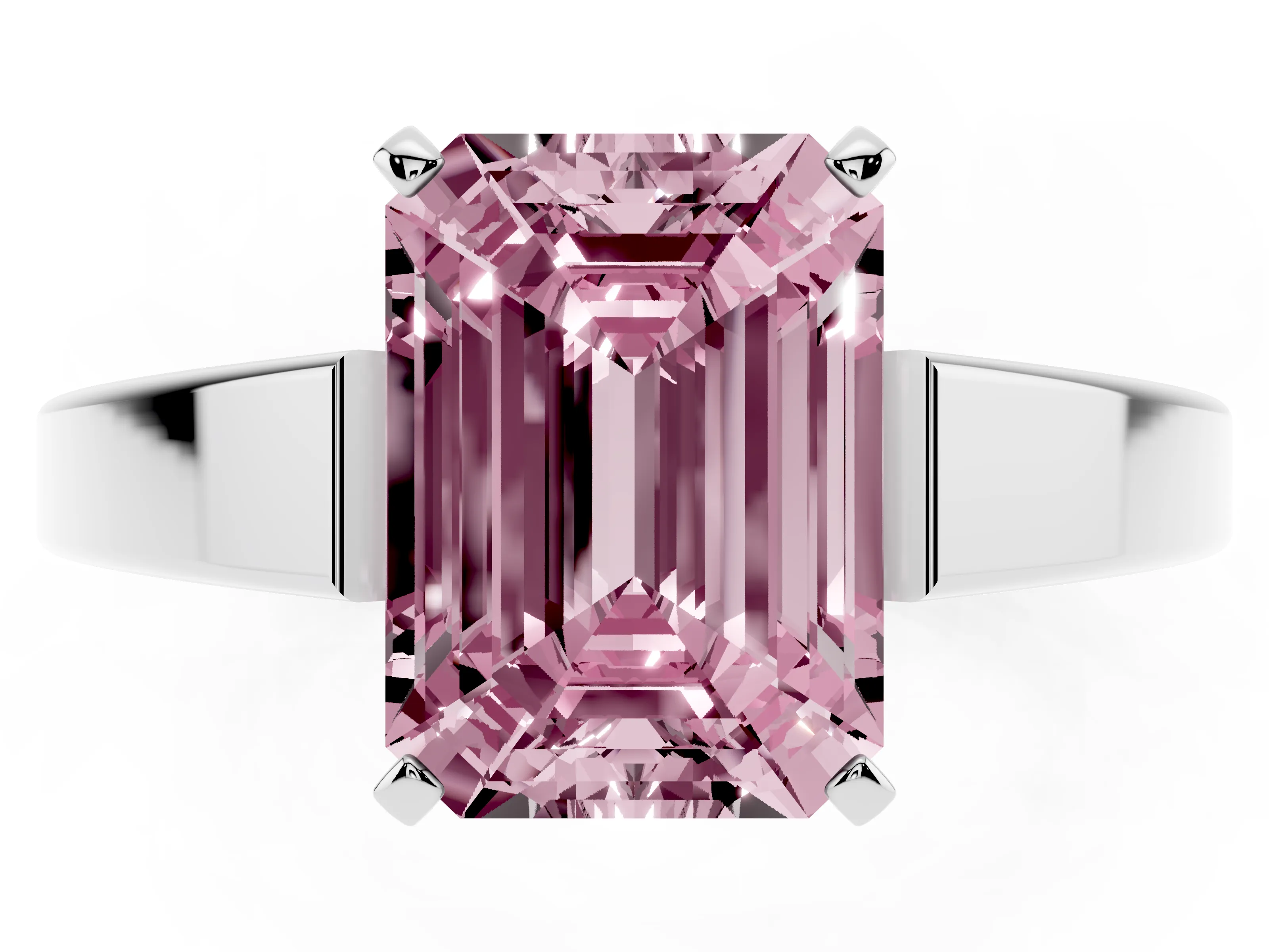 Fancy Pink Emerald Cut Diamond Solitaire Engagement Ring Set in White gold with Prong Setting and Tapered Band