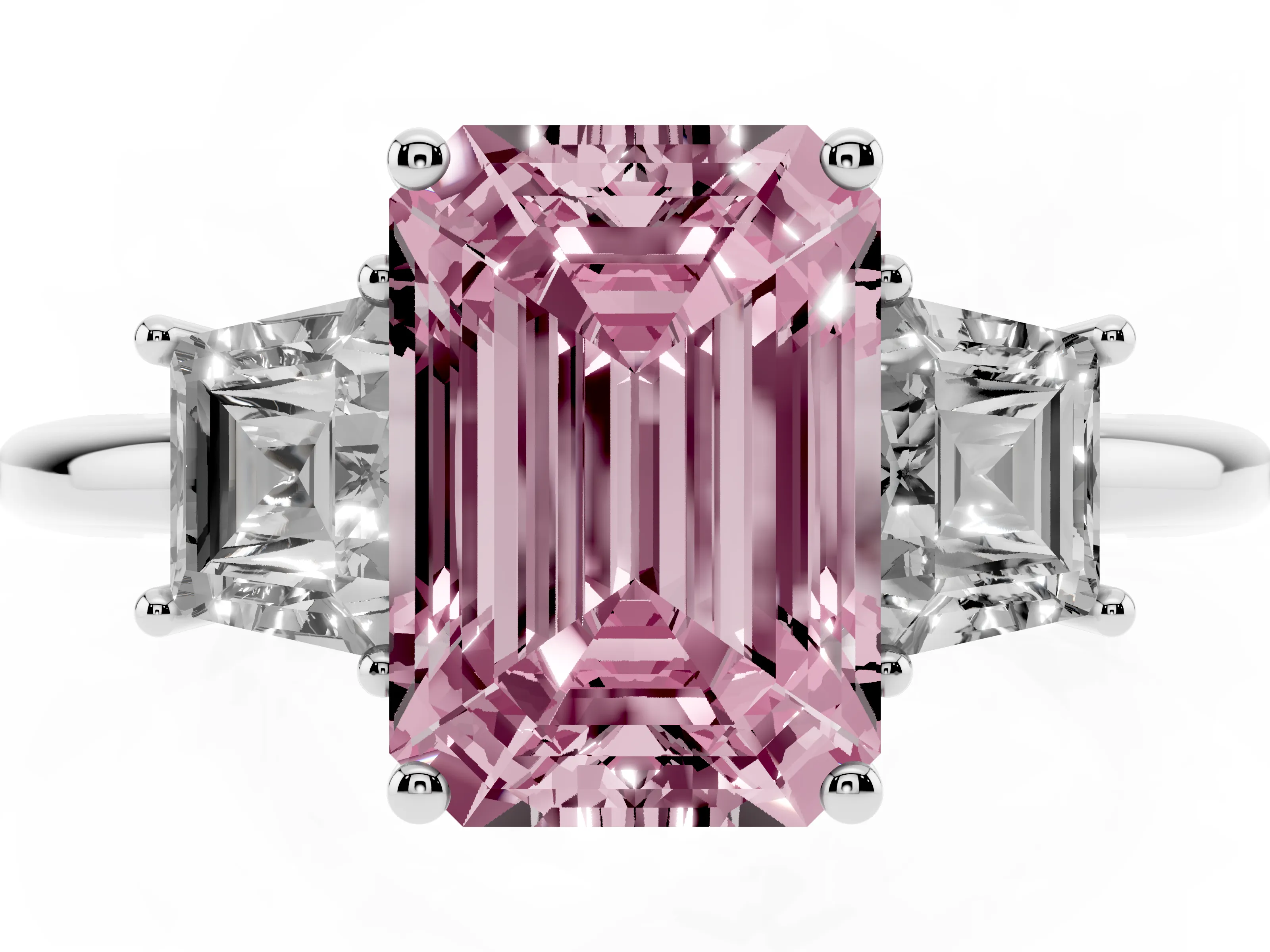 Fancy Pink Emerald Cut Diamond Three-Stone Ring Set in Platinum with Trapezoid Side Stones and Prong Setting