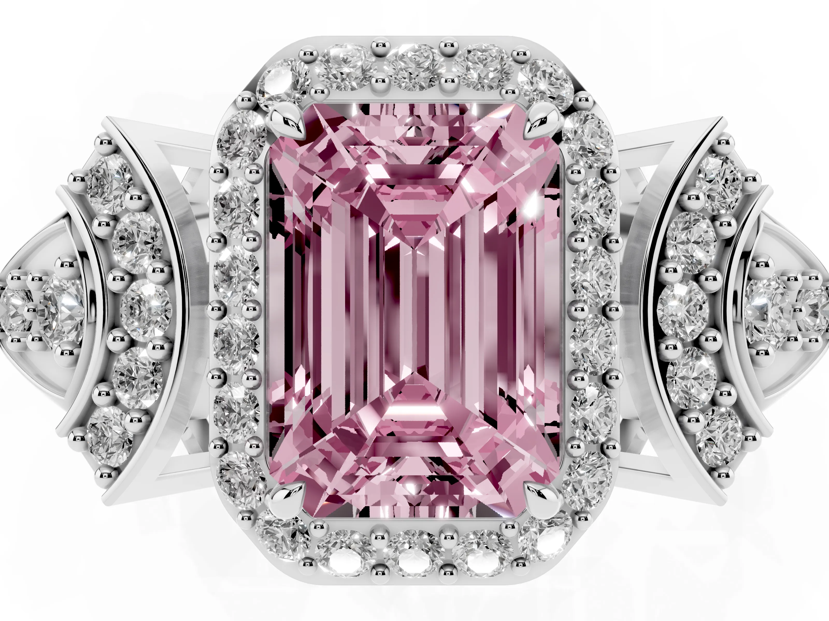 Fancy Pink Emerald Cut Diamond Halo Engagement Ring Set in Silver with Accent Stone Split Shank