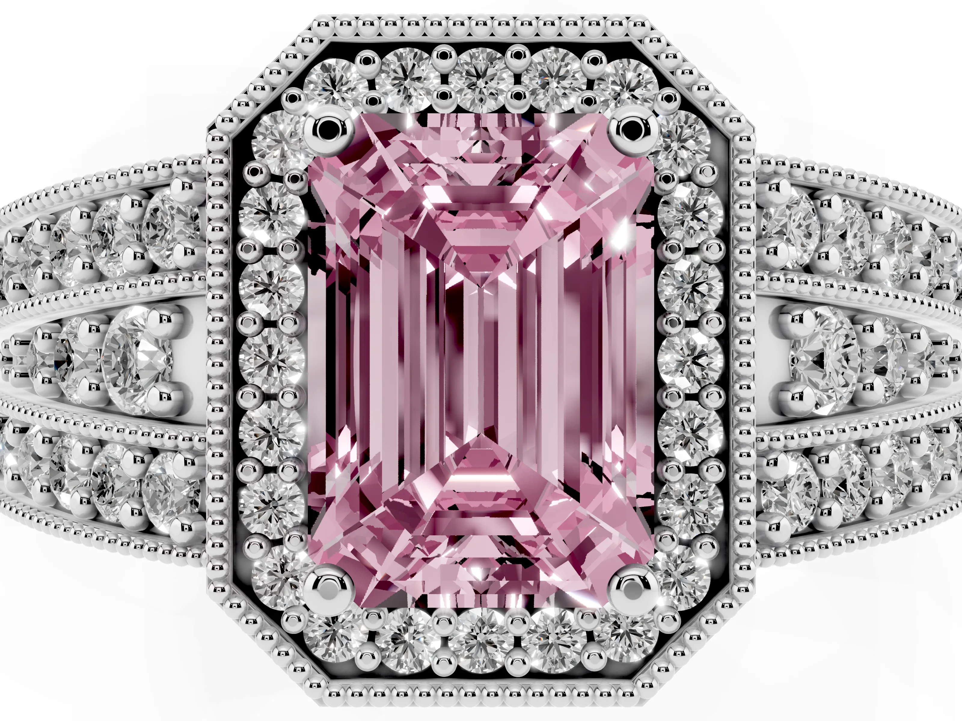 Fancy Pink Emerald Cut Diamond Halo Ring Set in Platinum with Accent Split Shank and Prong Setting