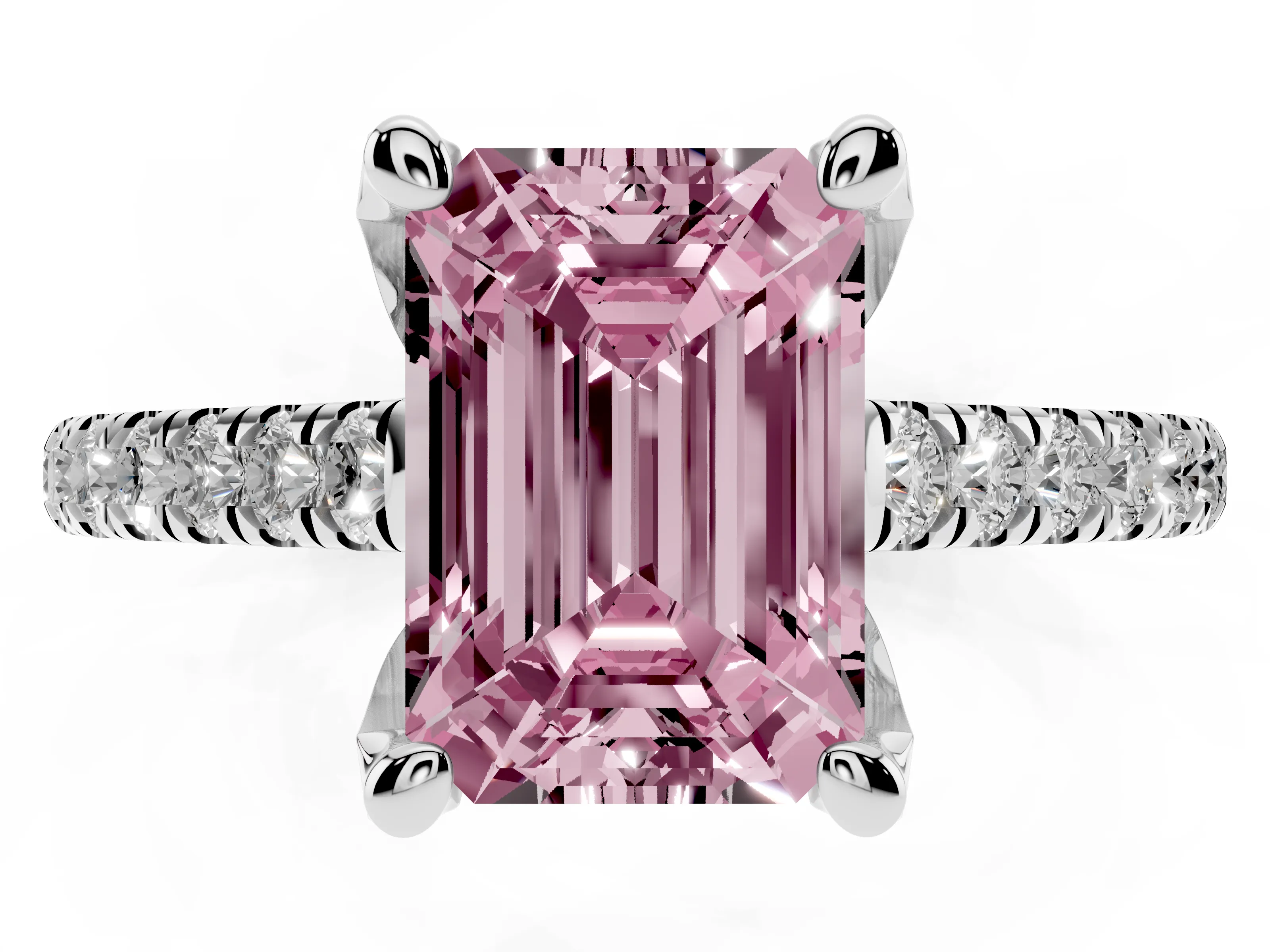 Fancy Pink Emerald Cut Diamond Solitaire Ring Set in Platinum with Brilliant Pavé Band and Prong Setting