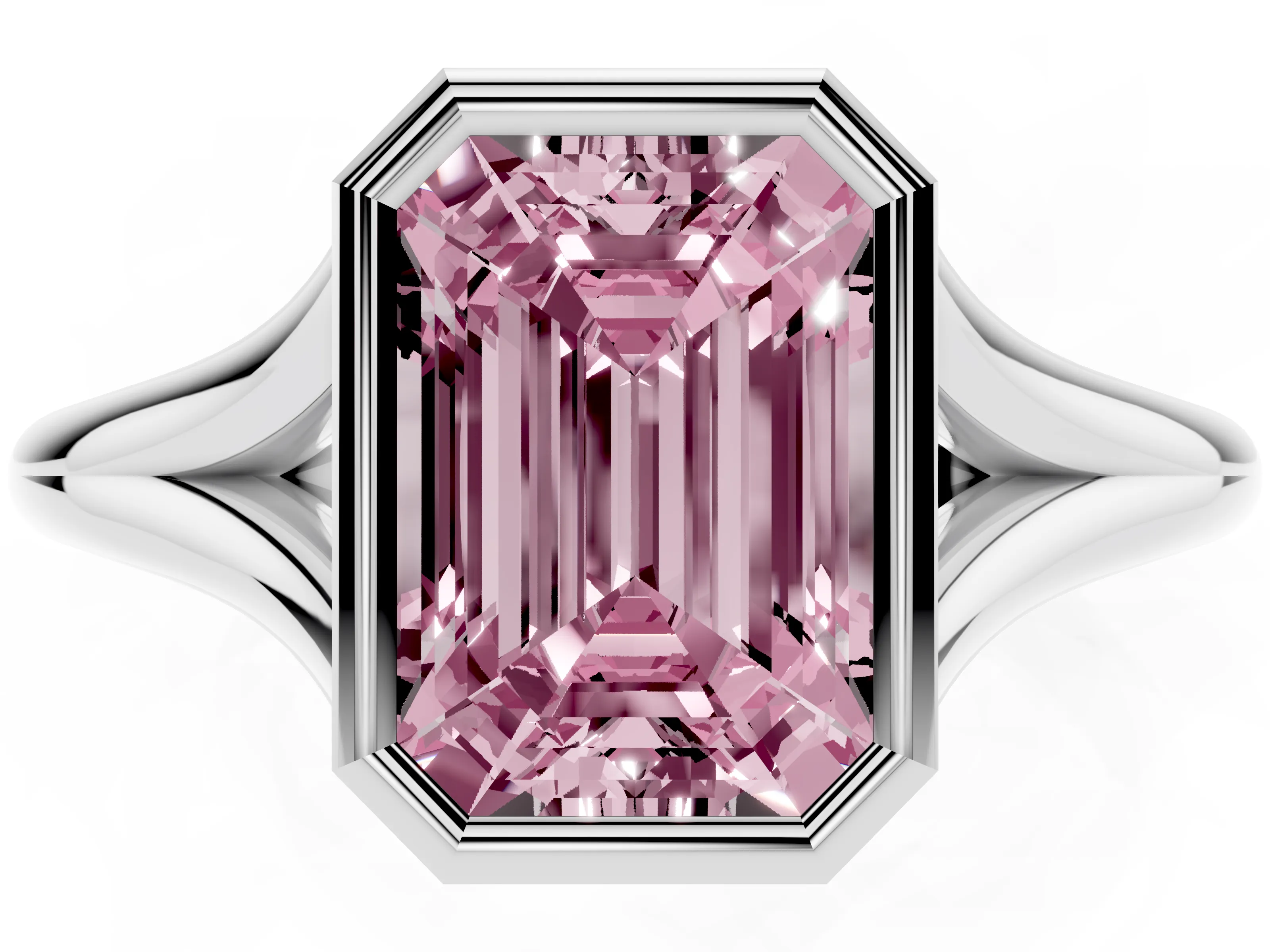 Fancy Pink Bezel Set Emerald Cut Diamond Solitaire Ring Set in Platinum with Tapered Band