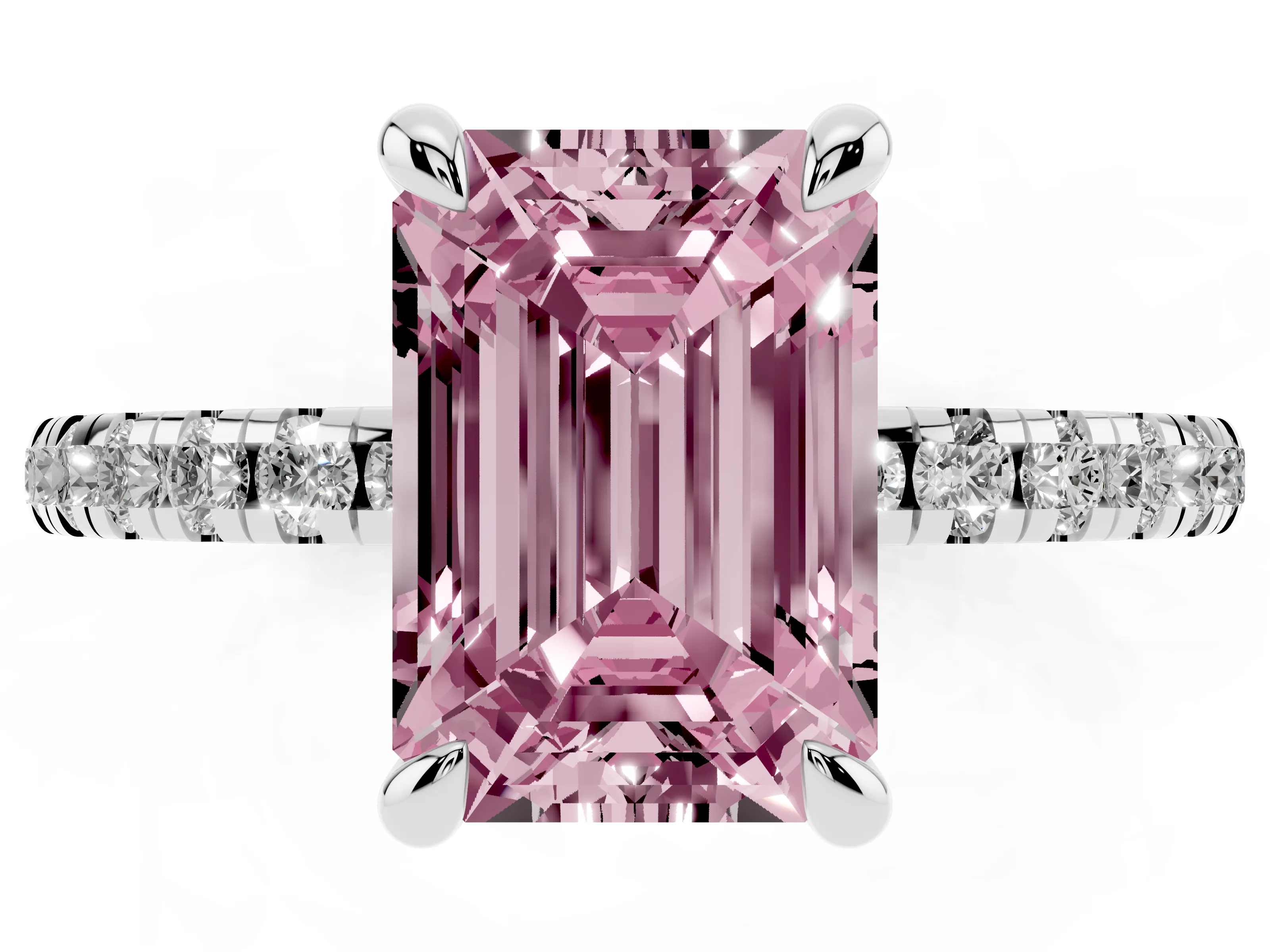 Fancy Pink Emerald Cut Diamond Brilliant Solitaire Ring Set in White gold with Pavé Band and Prong Setting