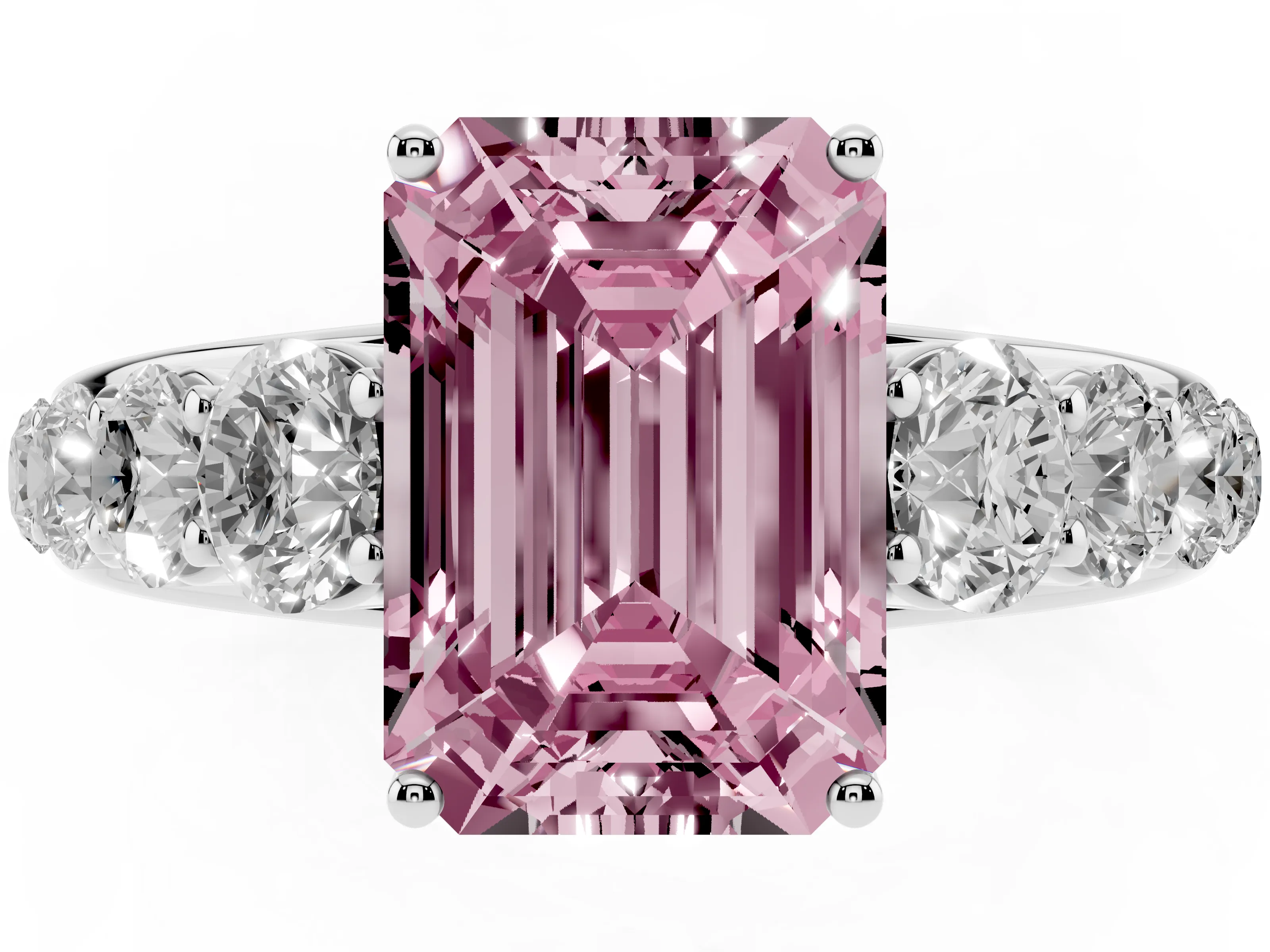 Fancy Pink Emerald Cut Diamond Solitaire Ring Set in White gold with Pavé-Set Band and Prong Setting